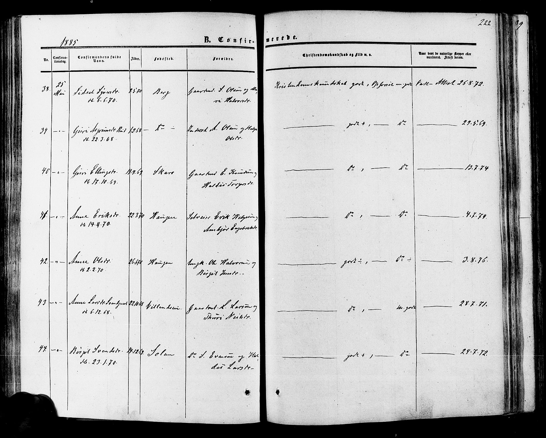 Hol kirkebøker, SAKO/A-227/F/Fa/L0002: Parish register (official) no. I 2, 1870-1886, p. 222
