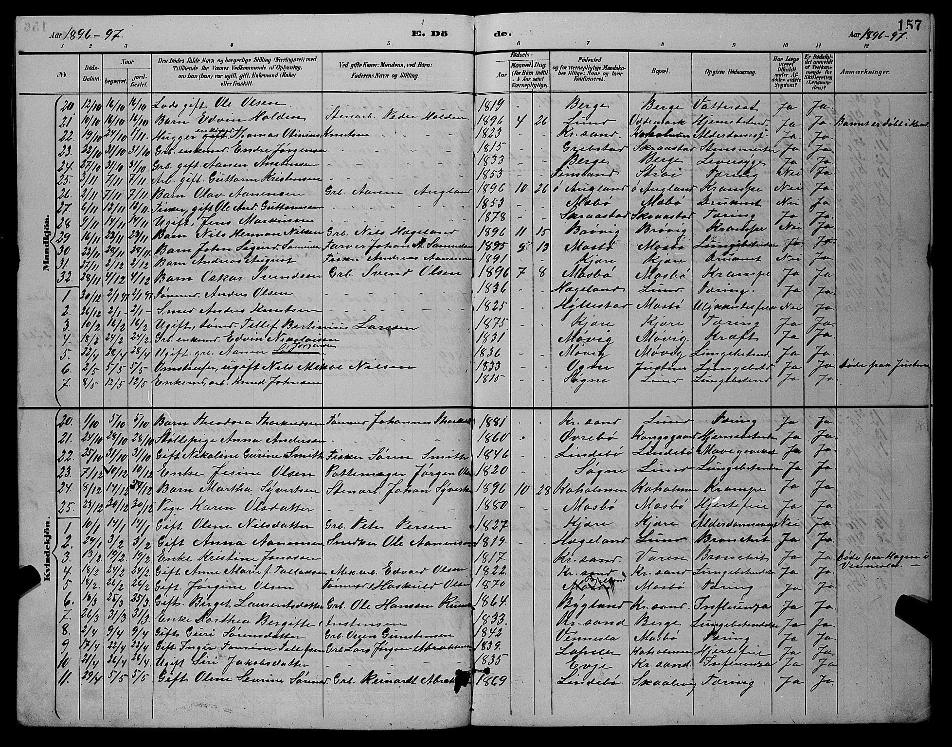 Oddernes sokneprestkontor, AV/SAK-1111-0033/F/Fb/Fba/L0008: Parish register (copy) no. B 8, 1887-1898, p. 157