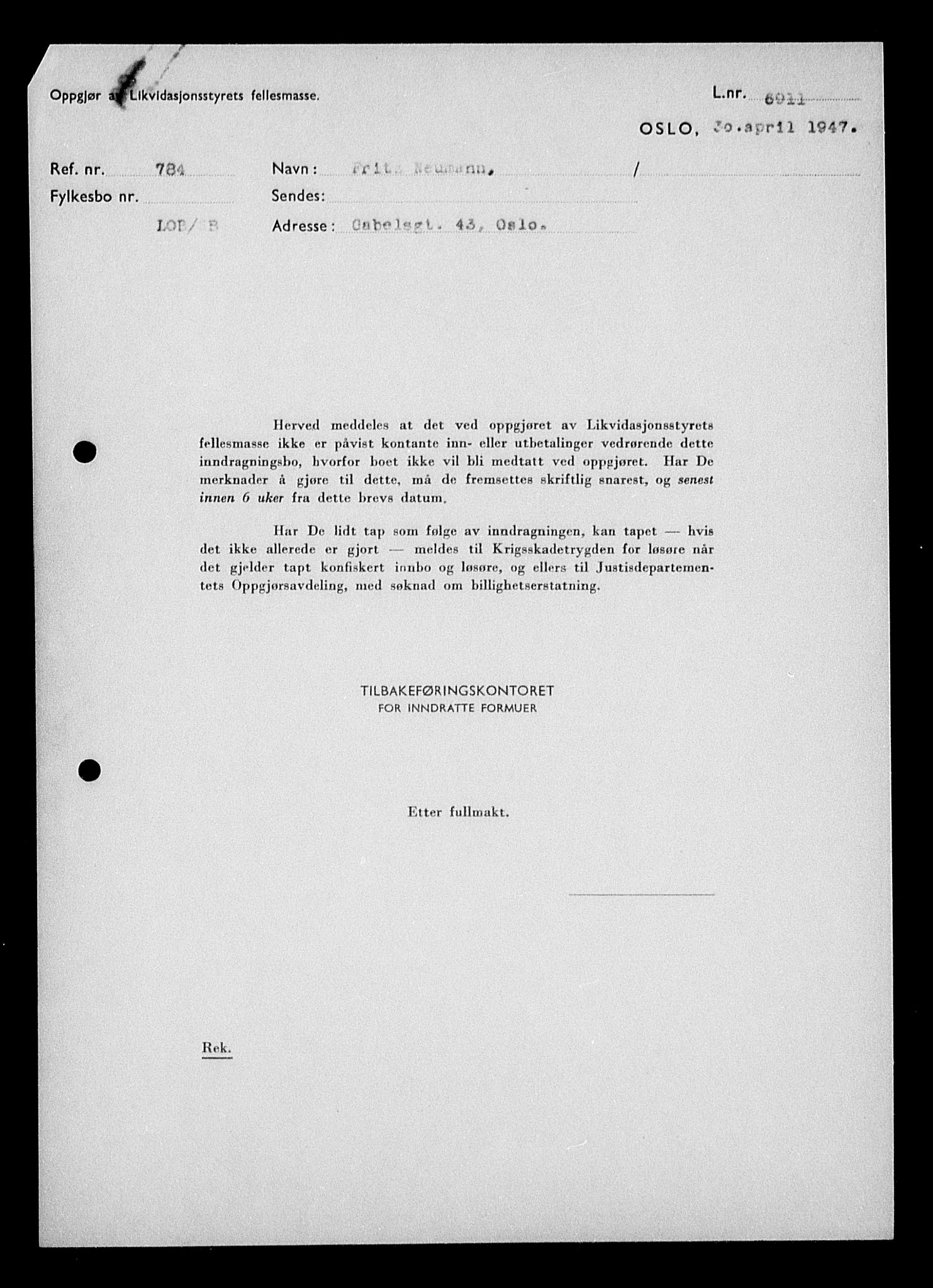 Justisdepartementet, Tilbakeføringskontoret for inndratte formuer, RA/S-1564/H/Hc/Hcc/L0967: --, 1945-1947, p. 295