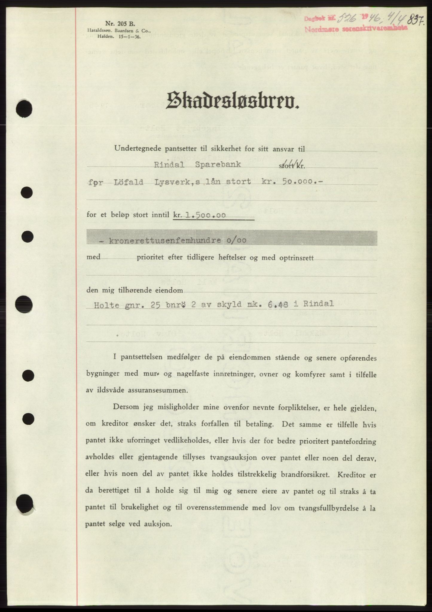 Nordmøre sorenskriveri, AV/SAT-A-4132/1/2/2Ca: Mortgage book no. B93b, 1946-1946, Diary no: : 526/1946