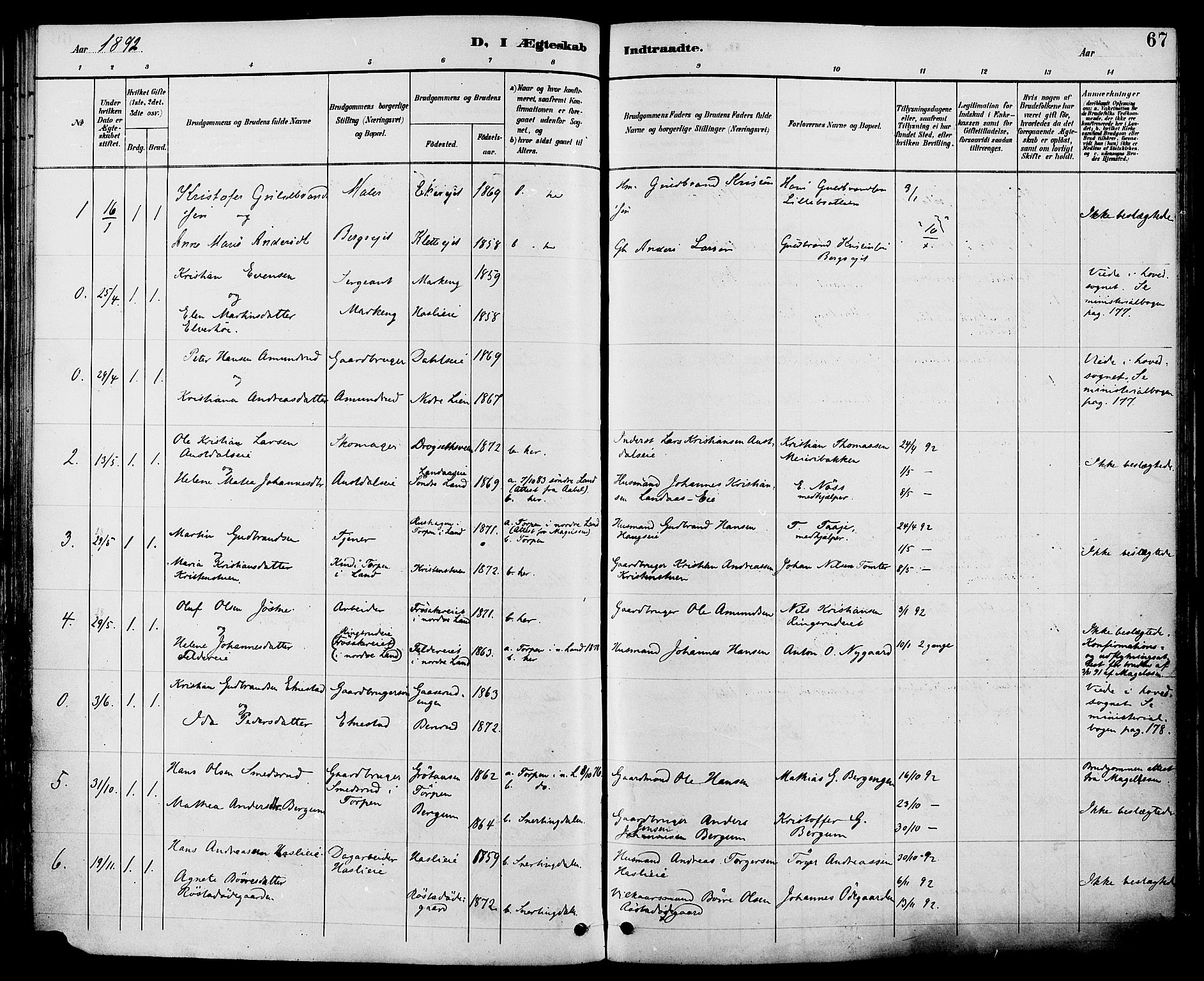 Biri prestekontor, AV/SAH-PREST-096/H/Ha/Haa/L0007: Parish register (official) no. 7, 1887-1893, p. 67