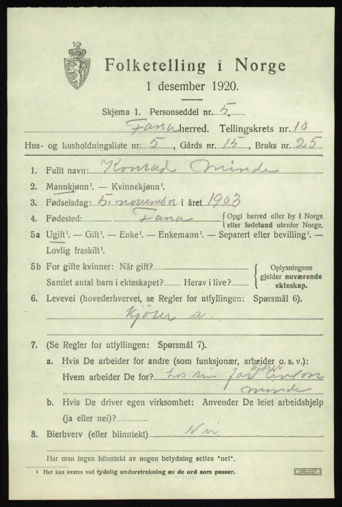 SAB, 1920 census for Fana, 1920, p. 16657