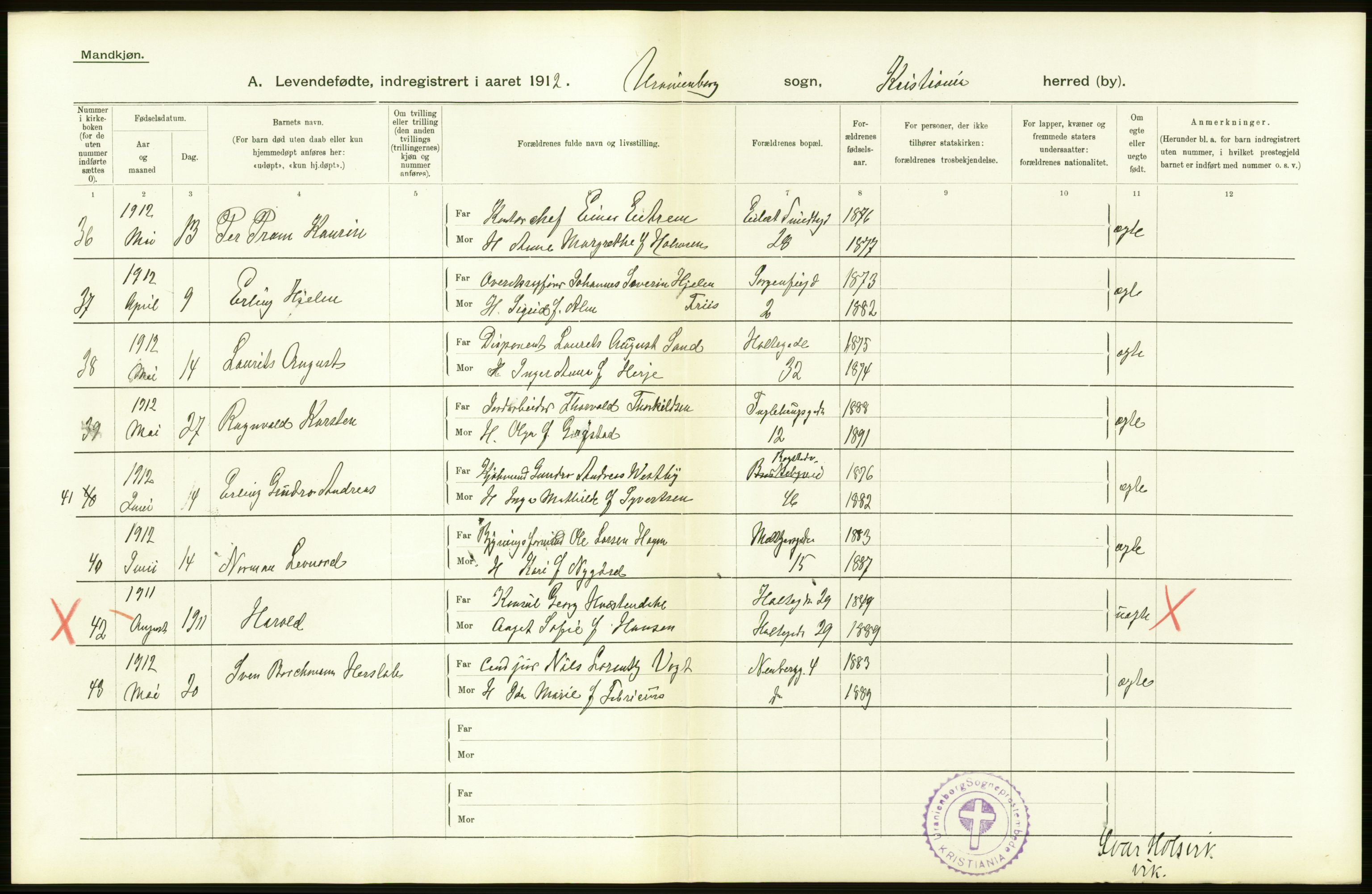 Statistisk sentralbyrå, Sosiodemografiske emner, Befolkning, AV/RA-S-2228/D/Df/Dfb/Dfbb/L0007: Kristiania:  Levendefødte menn og kvinner., 1912, p. 580