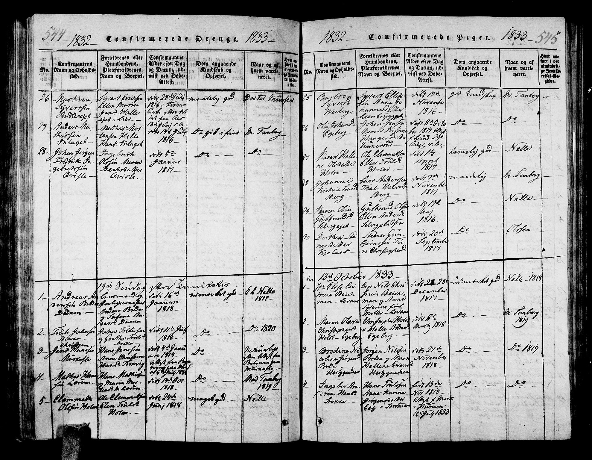 Sande Kirkebøker, SAKO/A-53/G/Ga/L0001: Parish register (copy) no. 1, 1814-1847, p. 544-545