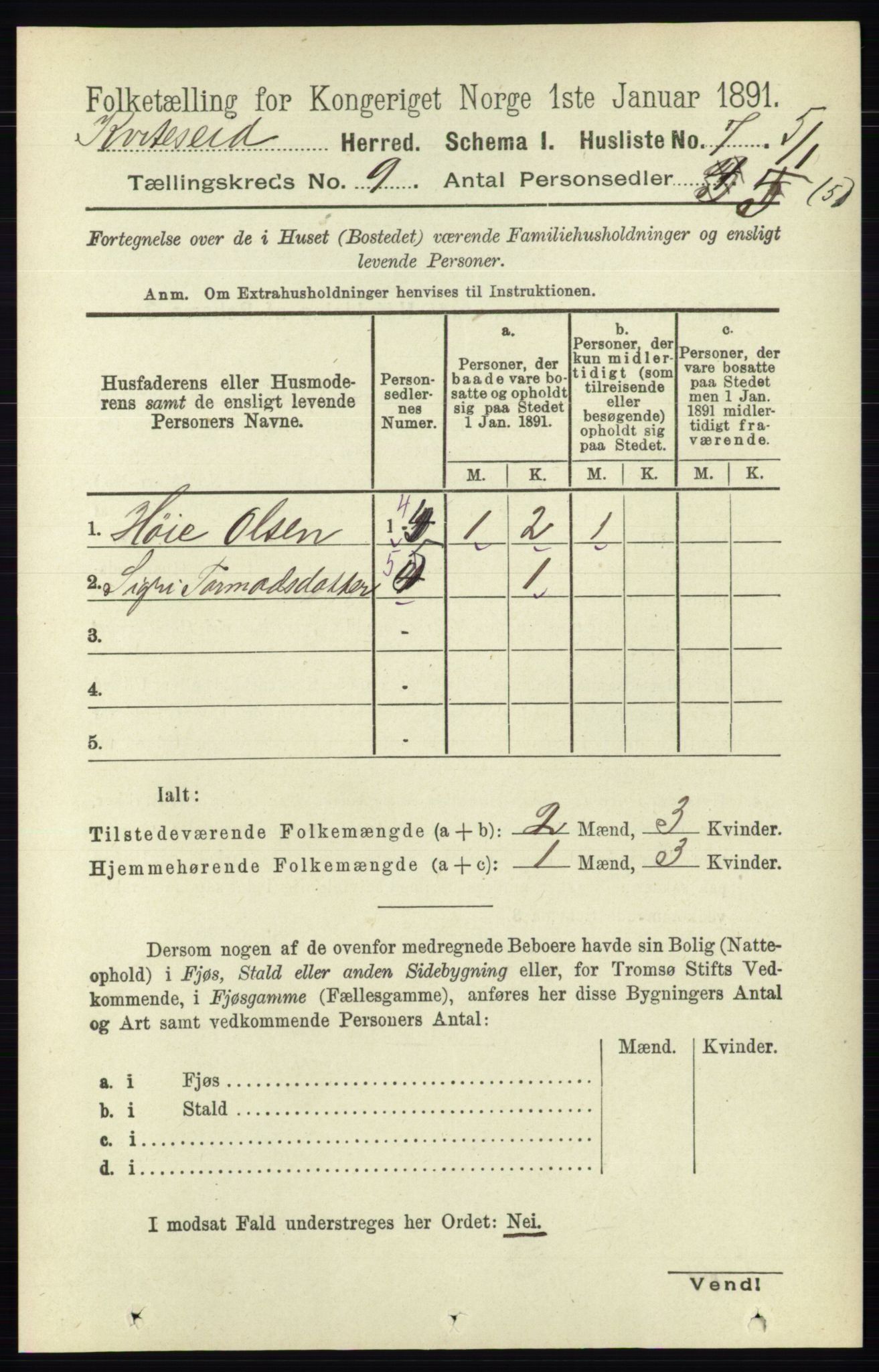 RA, 1891 census for 0829 Kviteseid, 1891, p. 1952