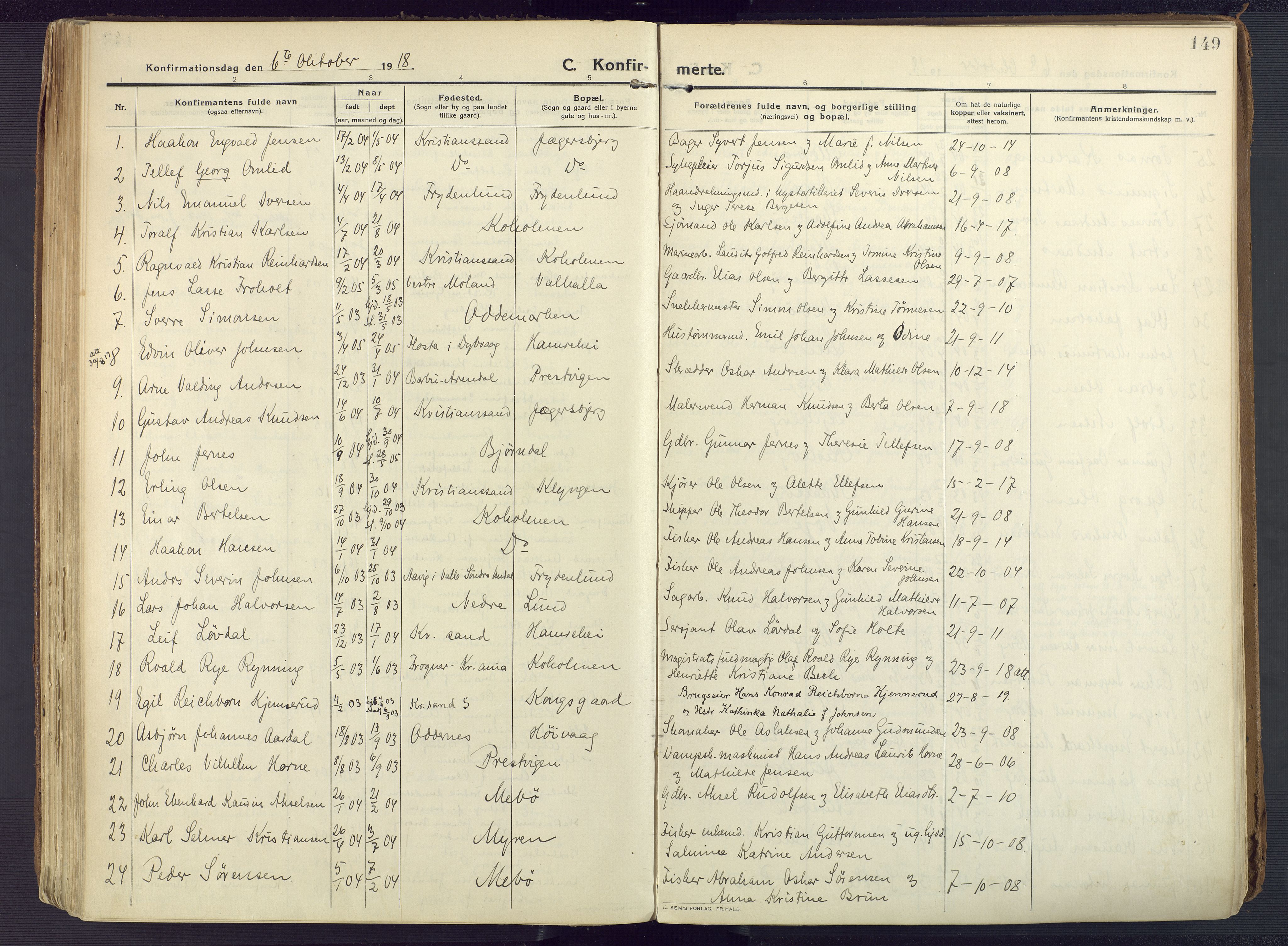 Oddernes sokneprestkontor, AV/SAK-1111-0033/F/Fa/Faa/L0012: Parish register (official) no. A 12, 1912-1925, p. 149