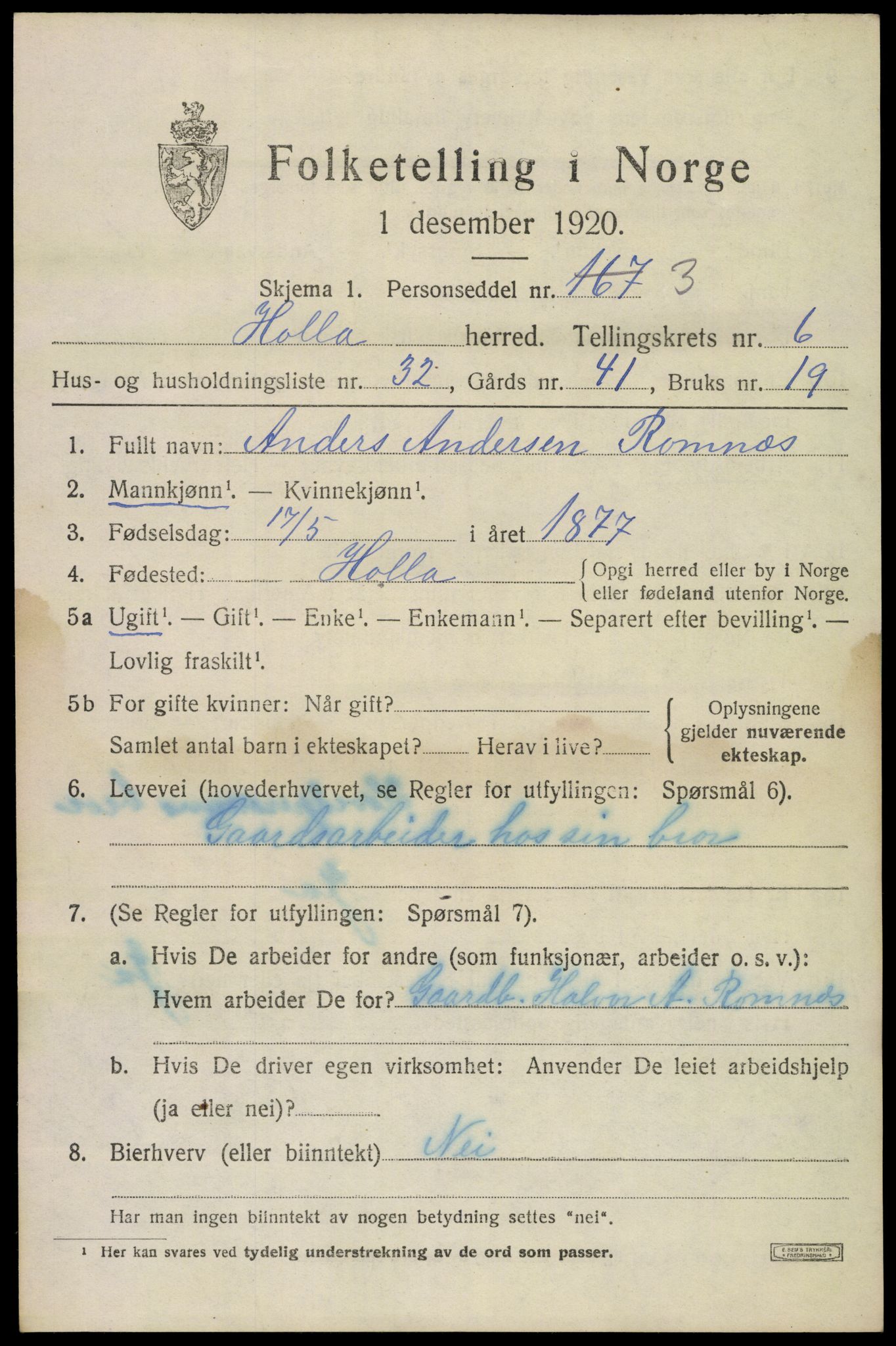 SAKO, 1920 census for Holla, 1920, p. 4743
