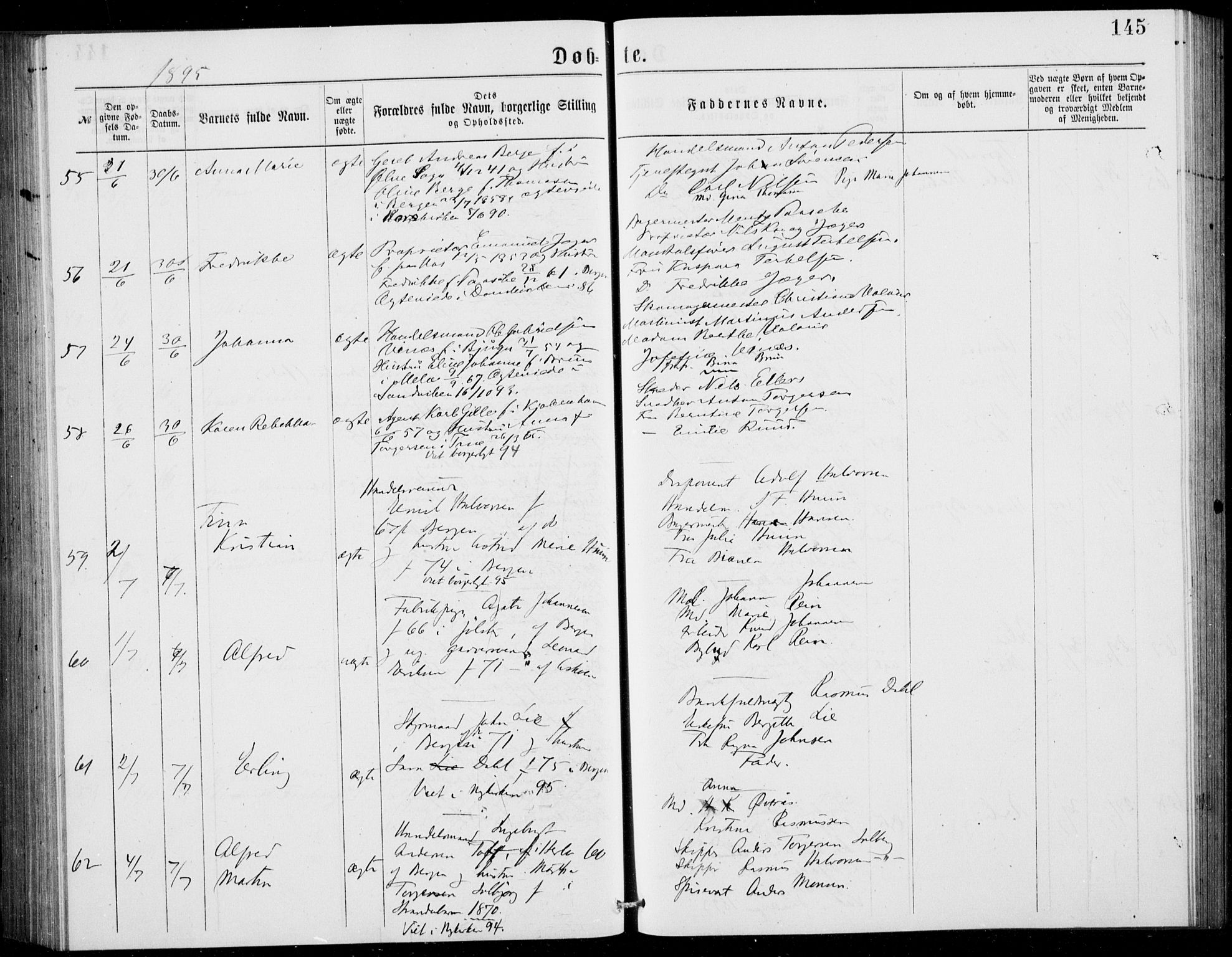 Fødselsstiftelsens sokneprestembete, ført av overlegen*, SAB/-: Parish register (official) no. A 2, 1884-1900, p. 145
