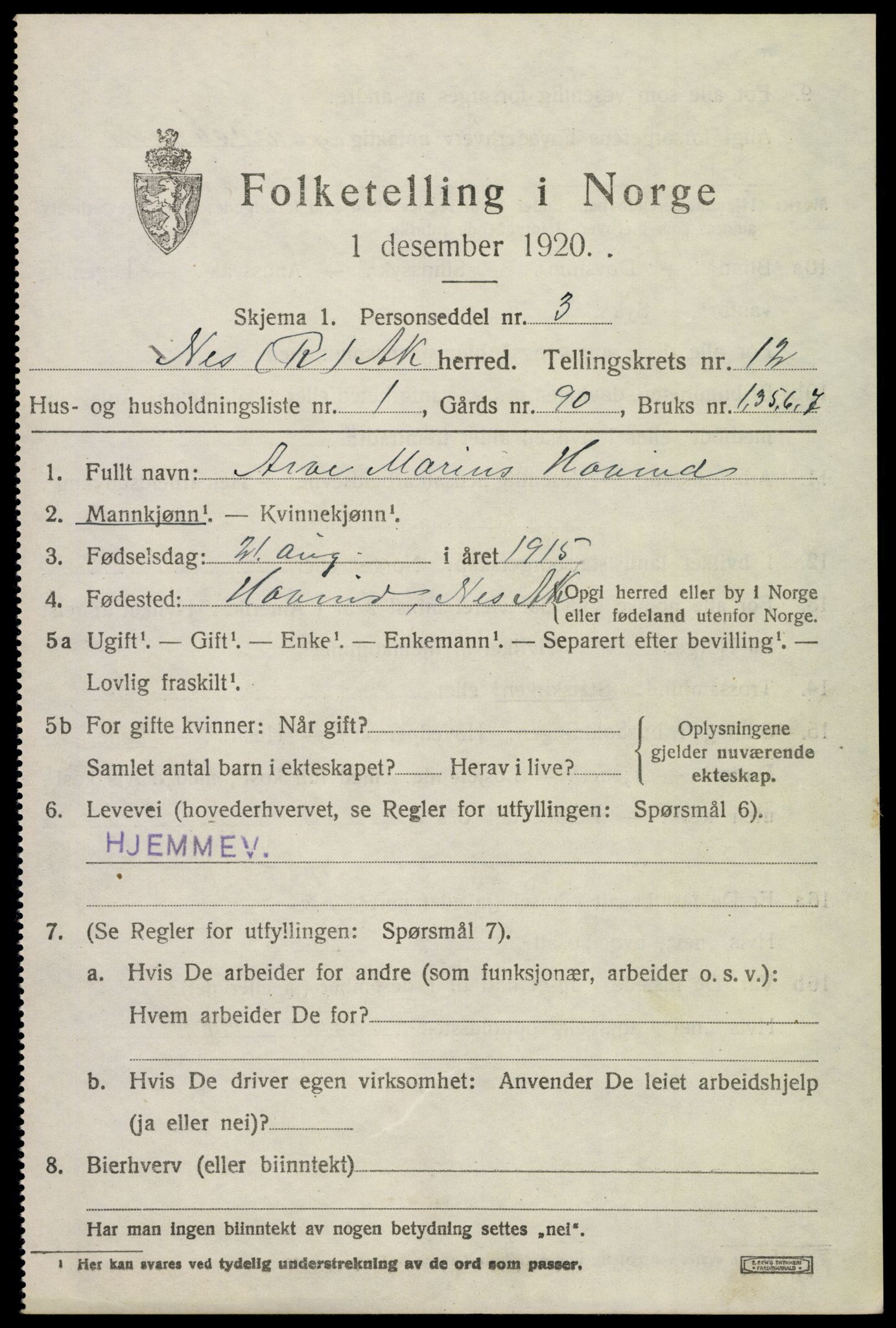 SAO, 1920 census for Nes, 1920, p. 12238