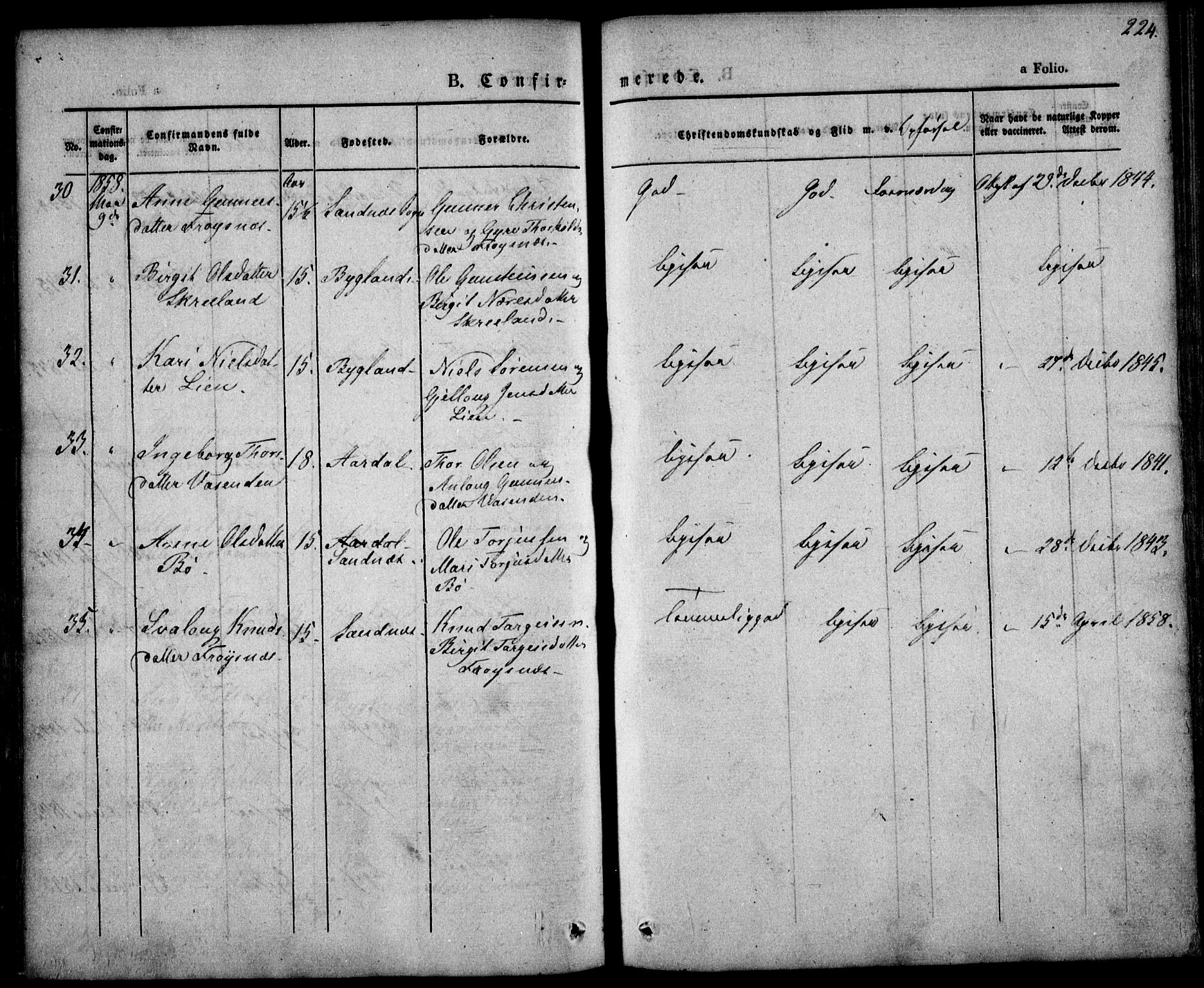 Bygland sokneprestkontor, AV/SAK-1111-0006/F/Fa/Fab/L0004: Parish register (official) no. A 4, 1842-1858, p. 224