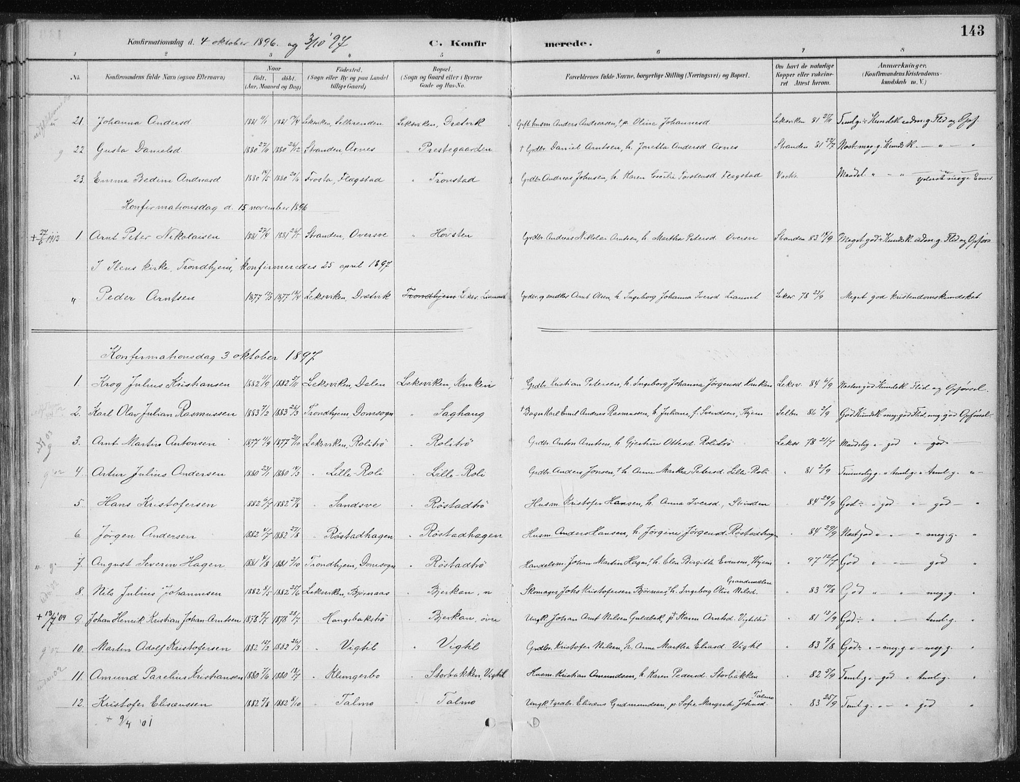 Ministerialprotokoller, klokkerbøker og fødselsregistre - Nord-Trøndelag, SAT/A-1458/701/L0010: Parish register (official) no. 701A10, 1883-1899, p. 143