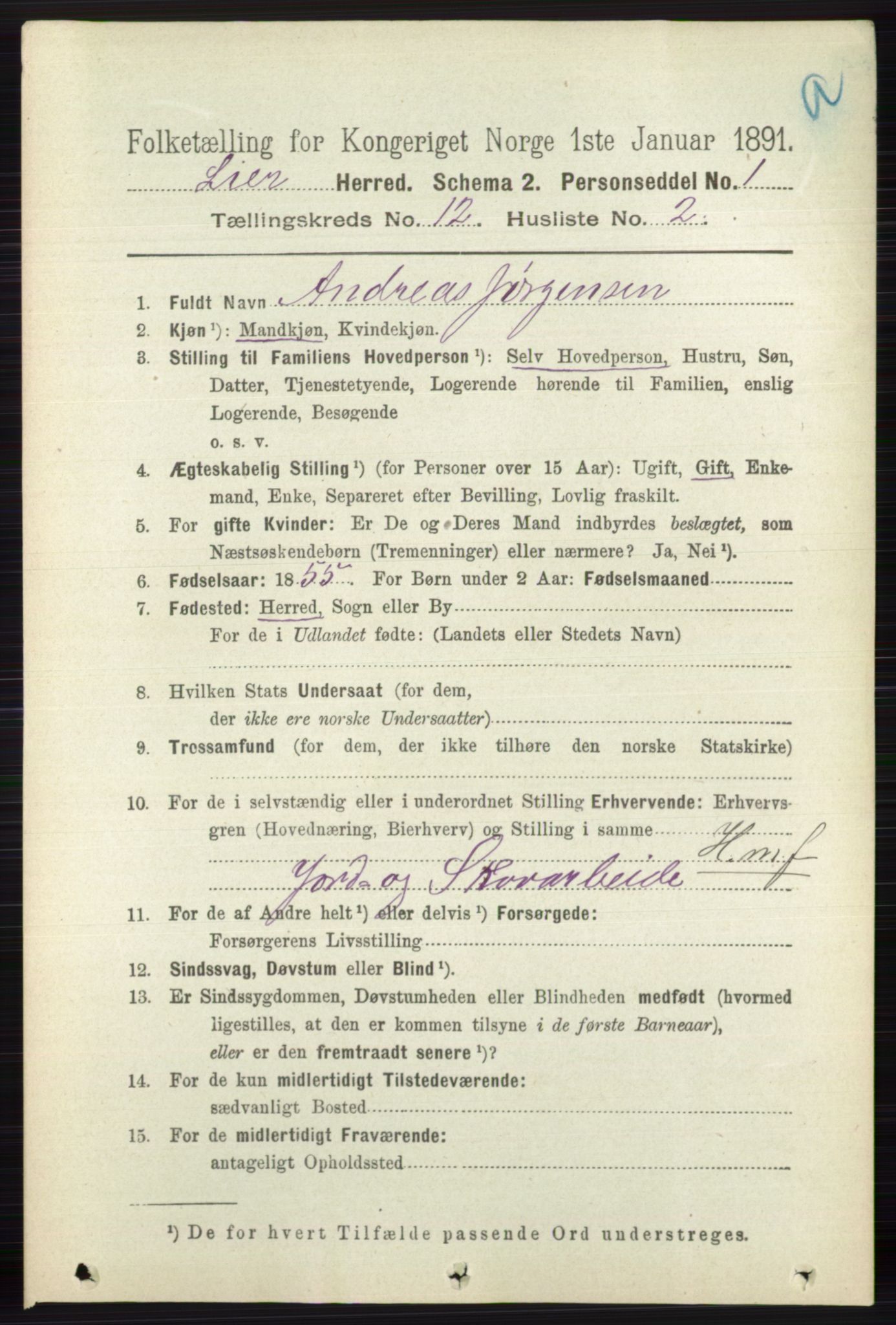 RA, 1891 census for 0626 Lier, 1891, p. 7373