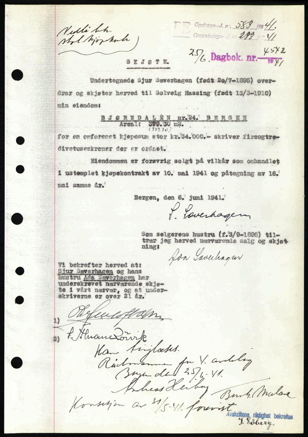Byfogd og Byskriver i Bergen, AV/SAB-A-3401/03/03Bc/L0014: Mortgage book no. A11-12, 1941-1941, Diary no: : 4542/1941
