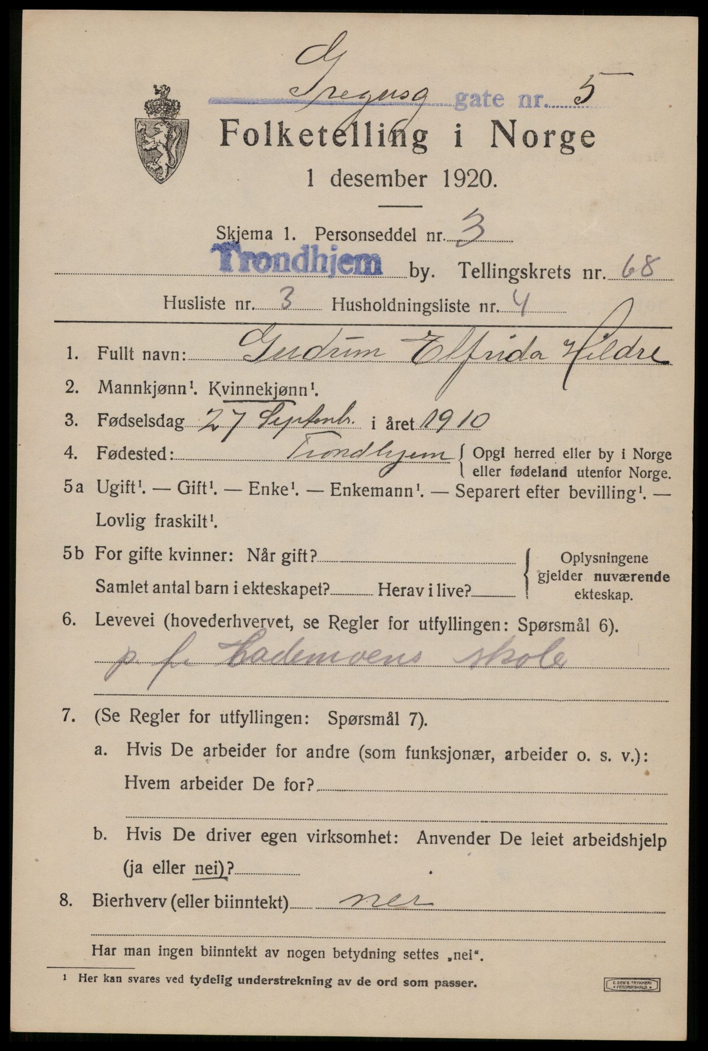 SAT, 1920 census for Trondheim, 1920, p. 131386