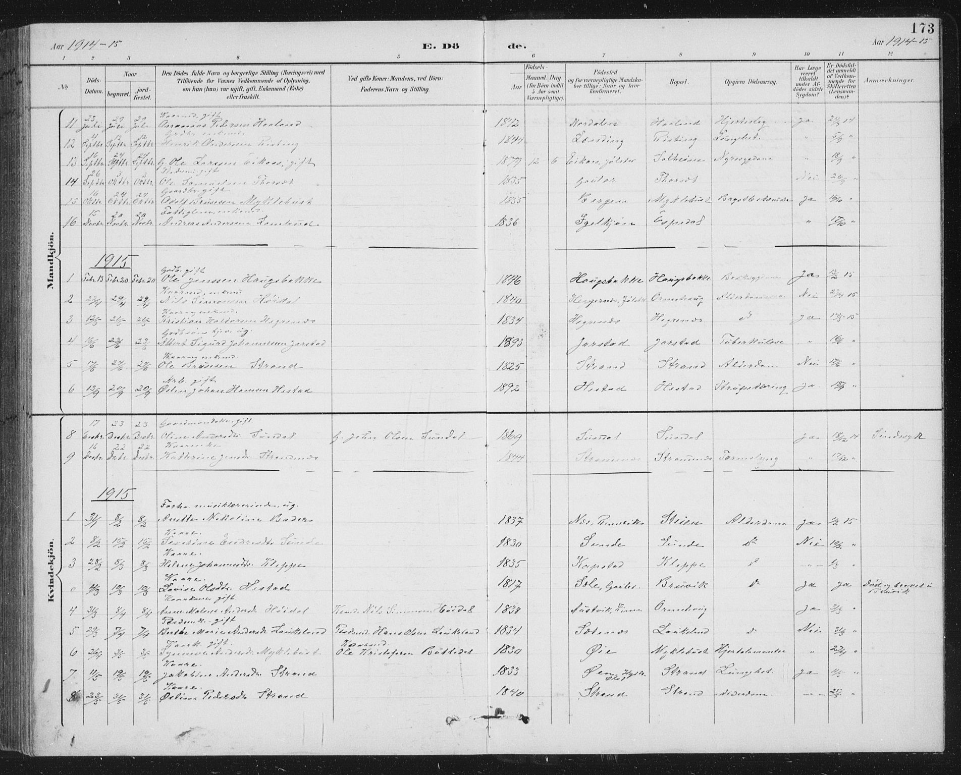 Fjaler sokneprestembete, SAB/A-79801/H/Hab/Habc/L0003: Parish register (copy) no. C 3, 1894-1917, p. 173