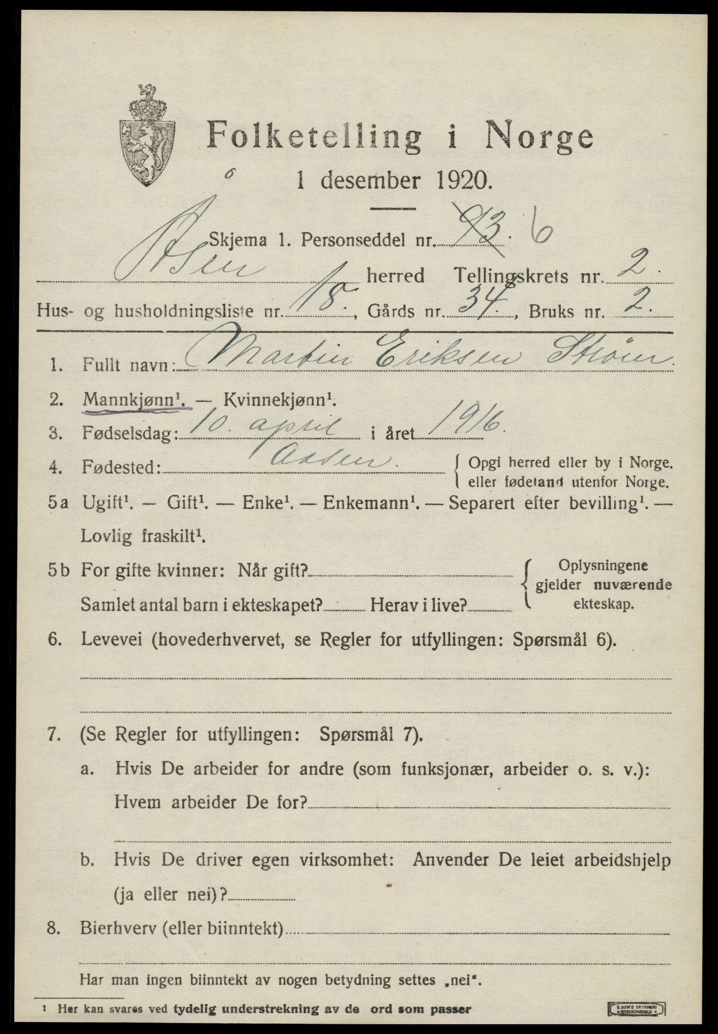 SAT, 1920 census for Åsen, 1920, p. 1892