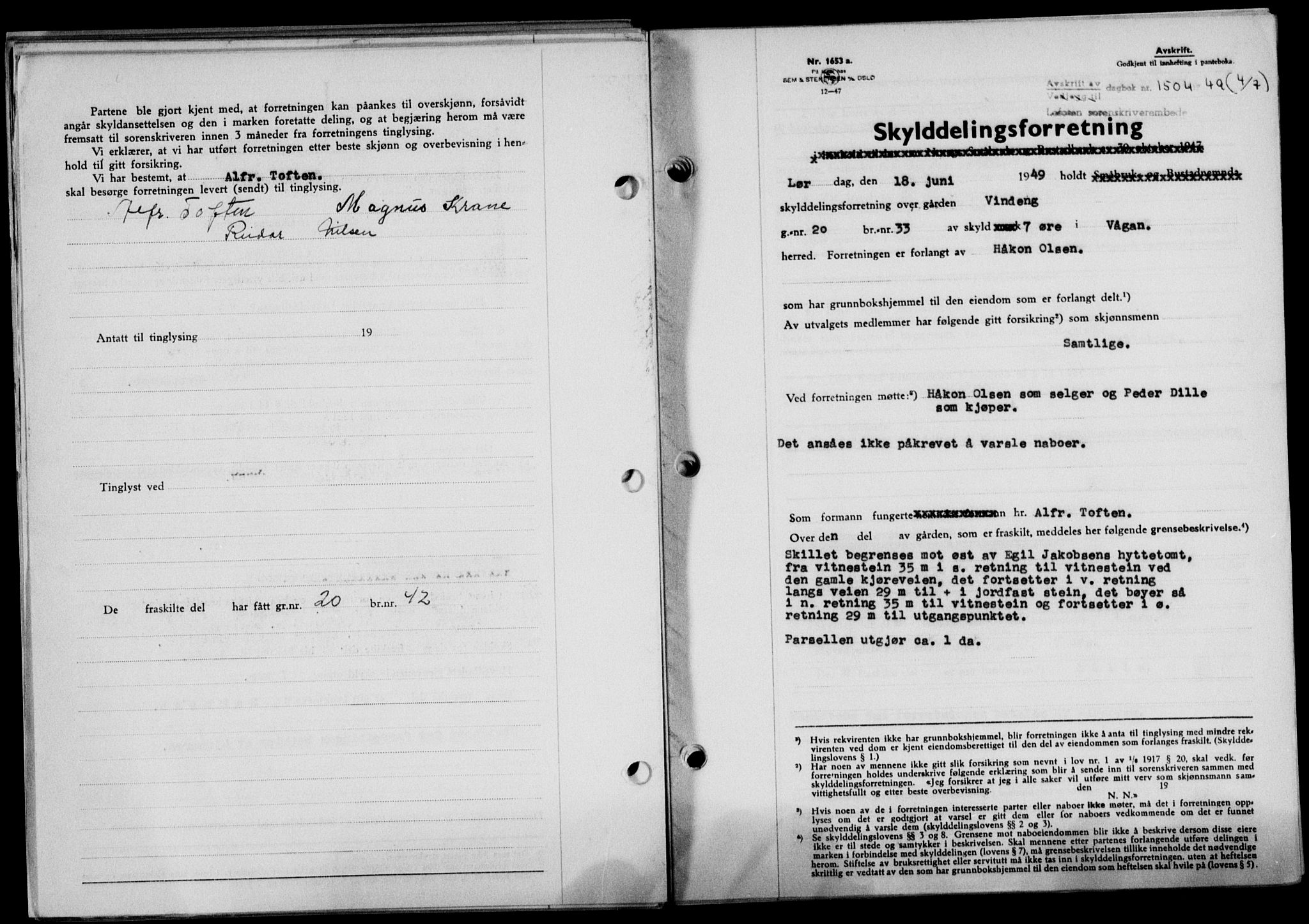 Lofoten sorenskriveri, SAT/A-0017/1/2/2C/L0021a: Mortgage book no. 21a, 1949-1949, Diary no: : 1504/1949