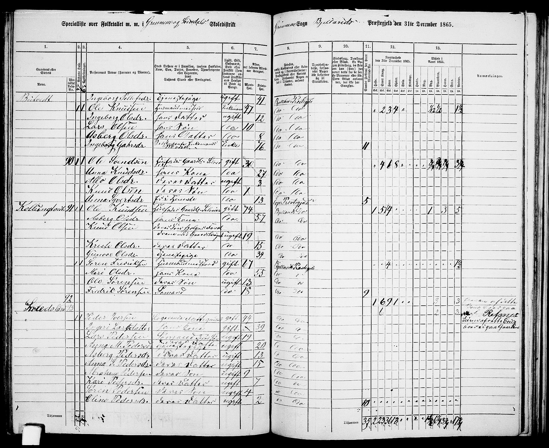 RA, 1865 census for Bjelland, 1865, p. 70