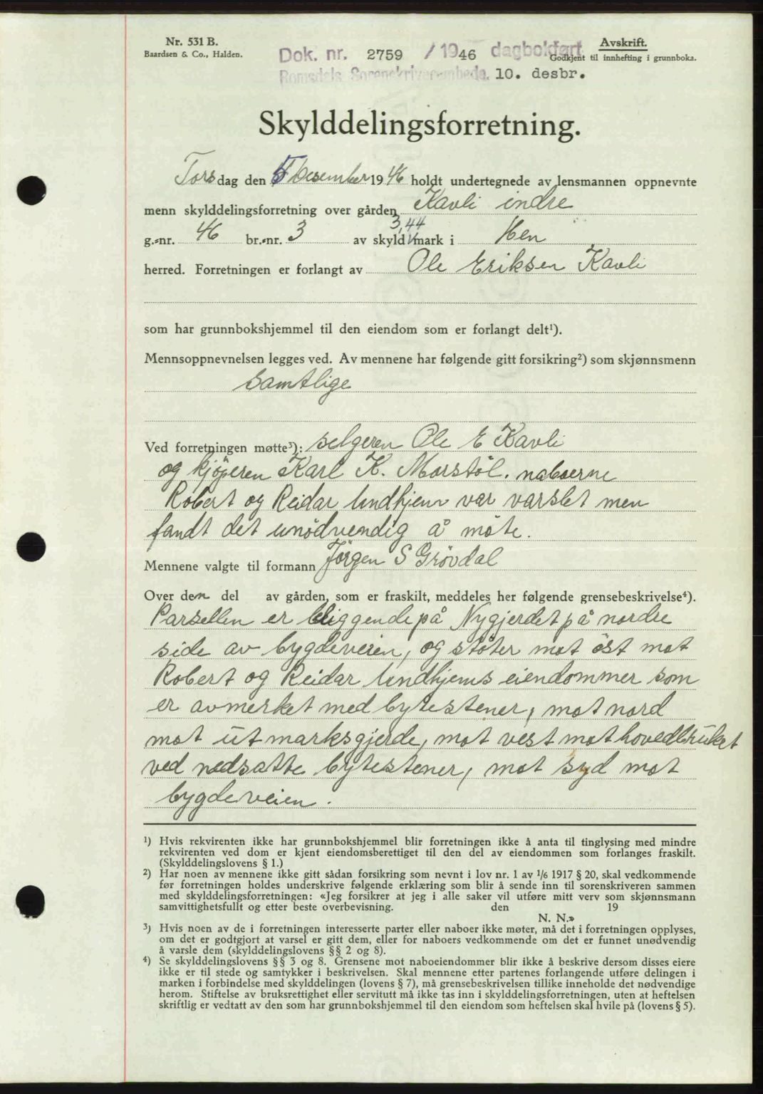 Romsdal sorenskriveri, AV/SAT-A-4149/1/2/2C: Mortgage book no. A21, 1946-1946, Diary no: : 2759/1946