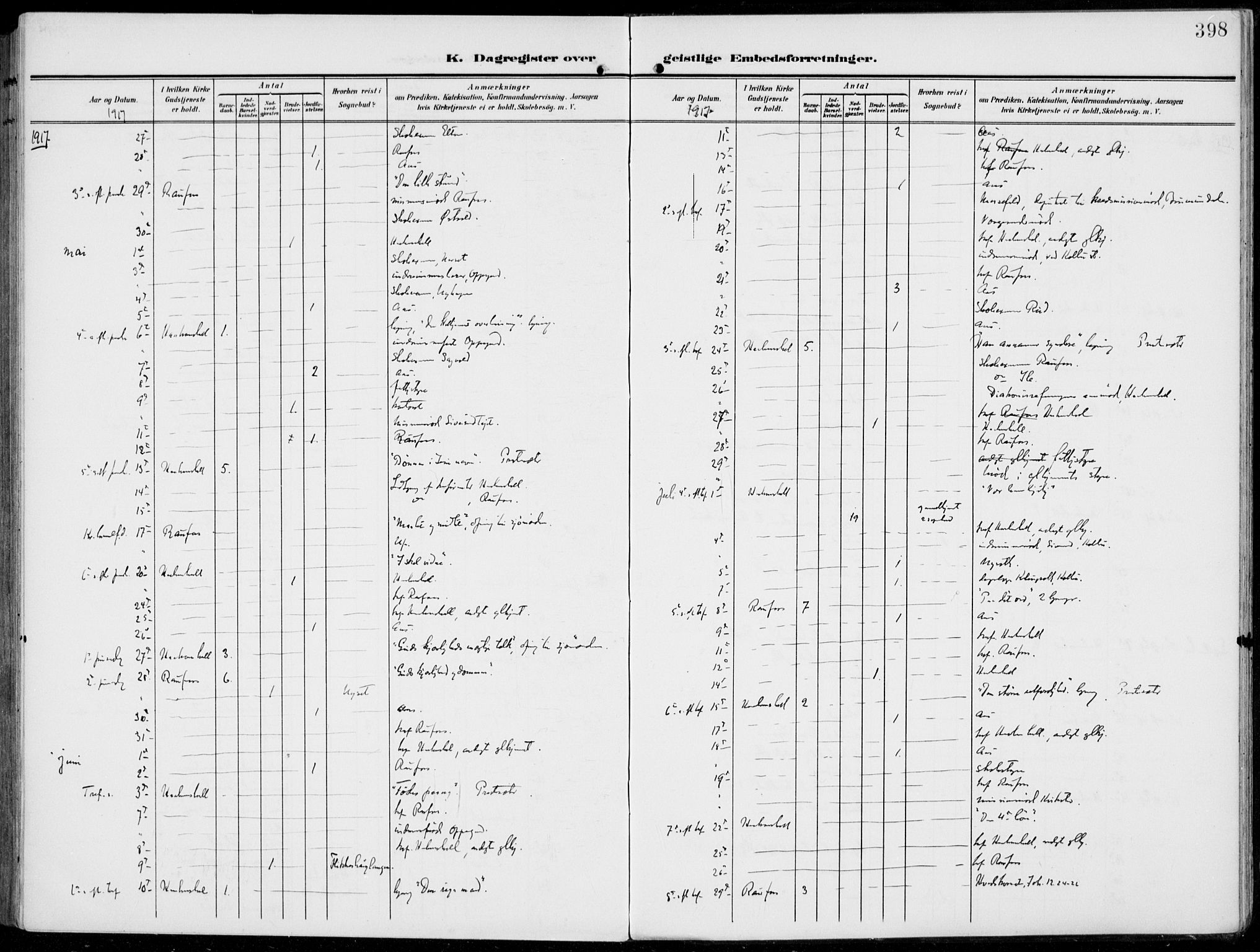 Vestre Toten prestekontor, AV/SAH-PREST-108/H/Ha/Haa/L0014: Parish register (official) no. 14, 1907-1920, p. 398