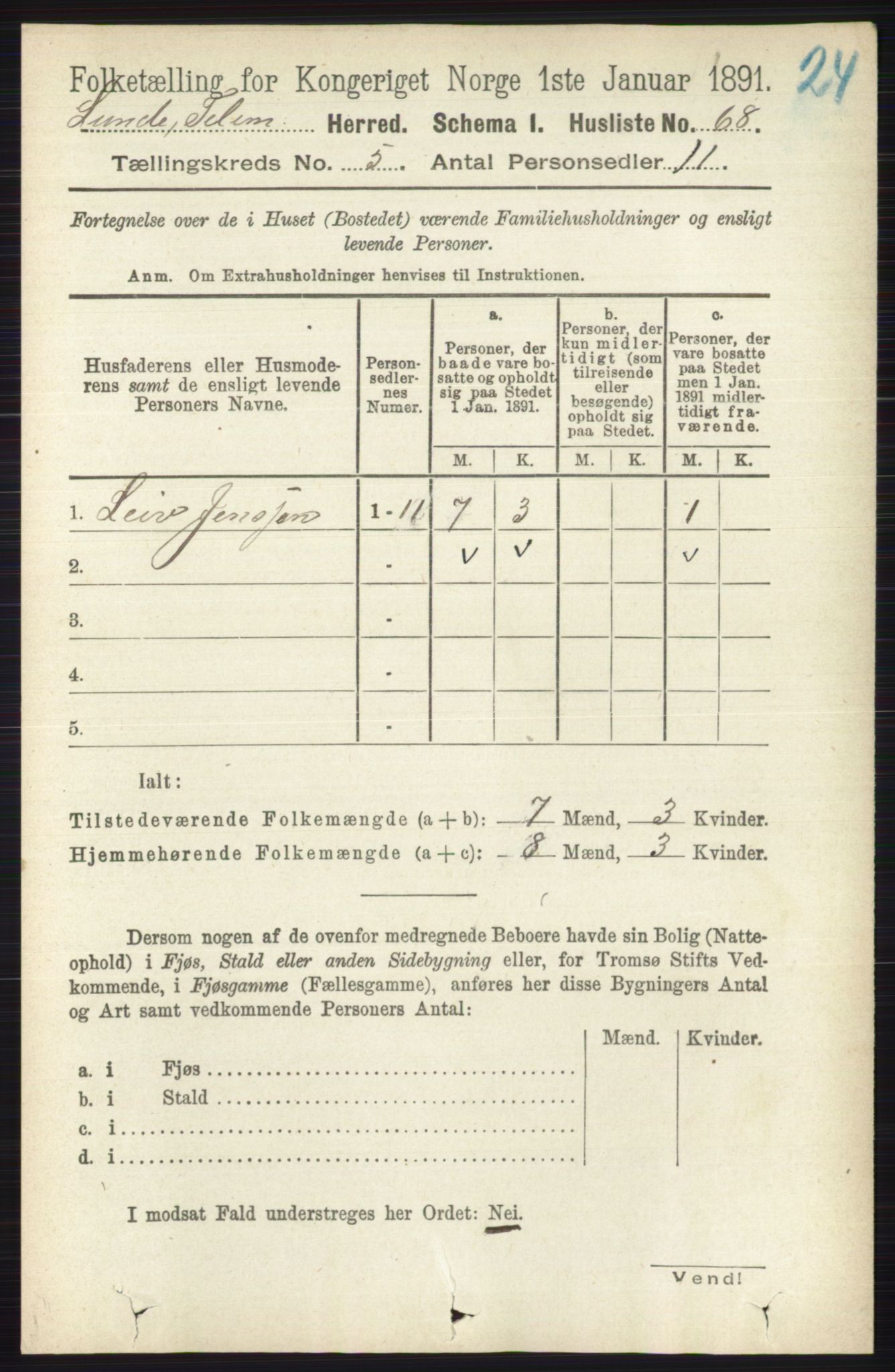 RA, 1891 census for 0820 Lunde, 1891, p. 1521