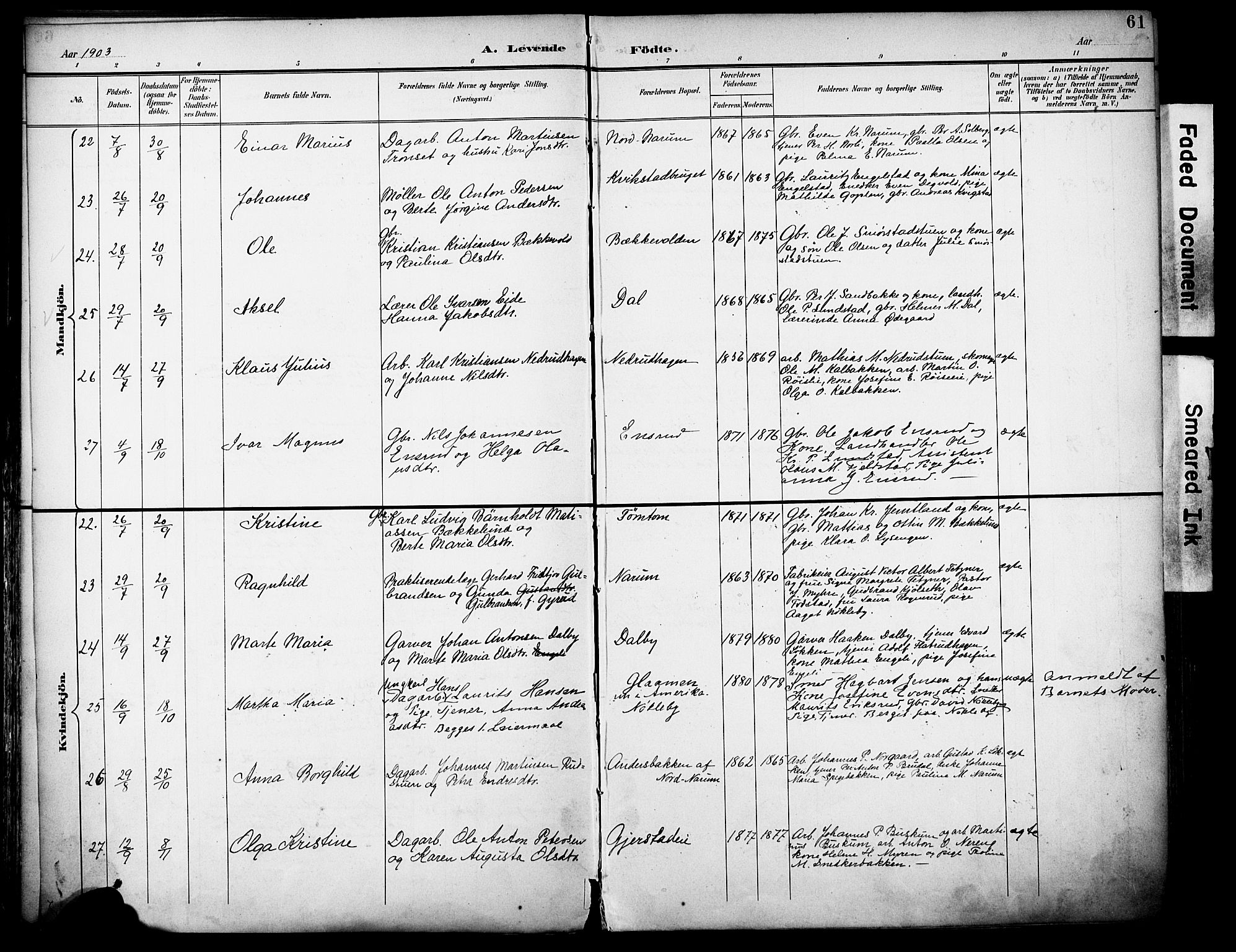 Vestre Toten prestekontor, AV/SAH-PREST-108/H/Ha/Haa/L0013: Parish register (official) no. 13, 1895-1911, p. 61