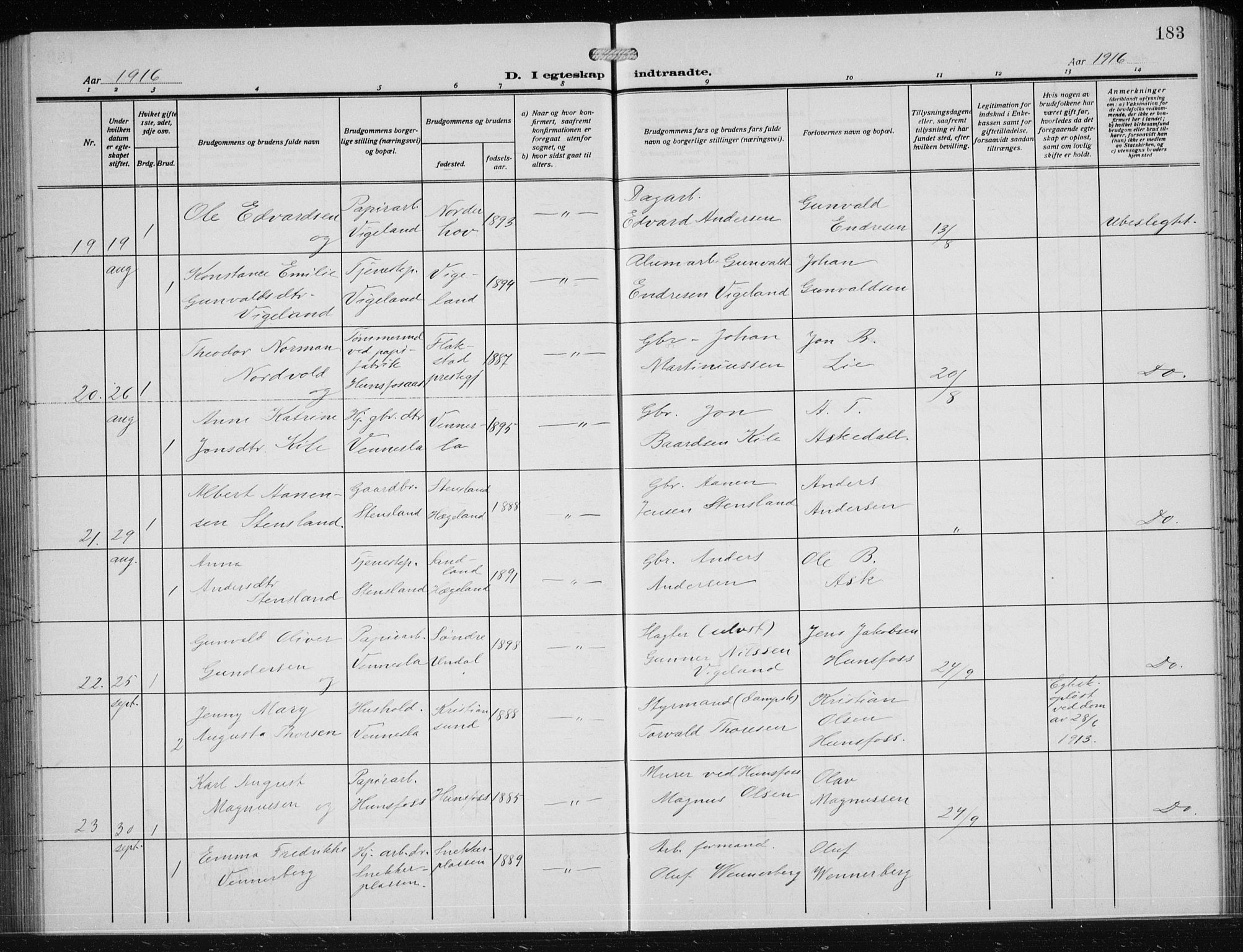 Vennesla sokneprestkontor, AV/SAK-1111-0045/Fb/Fbb/L0006: Parish register (copy) no. B 6, 1914-1921, p. 183