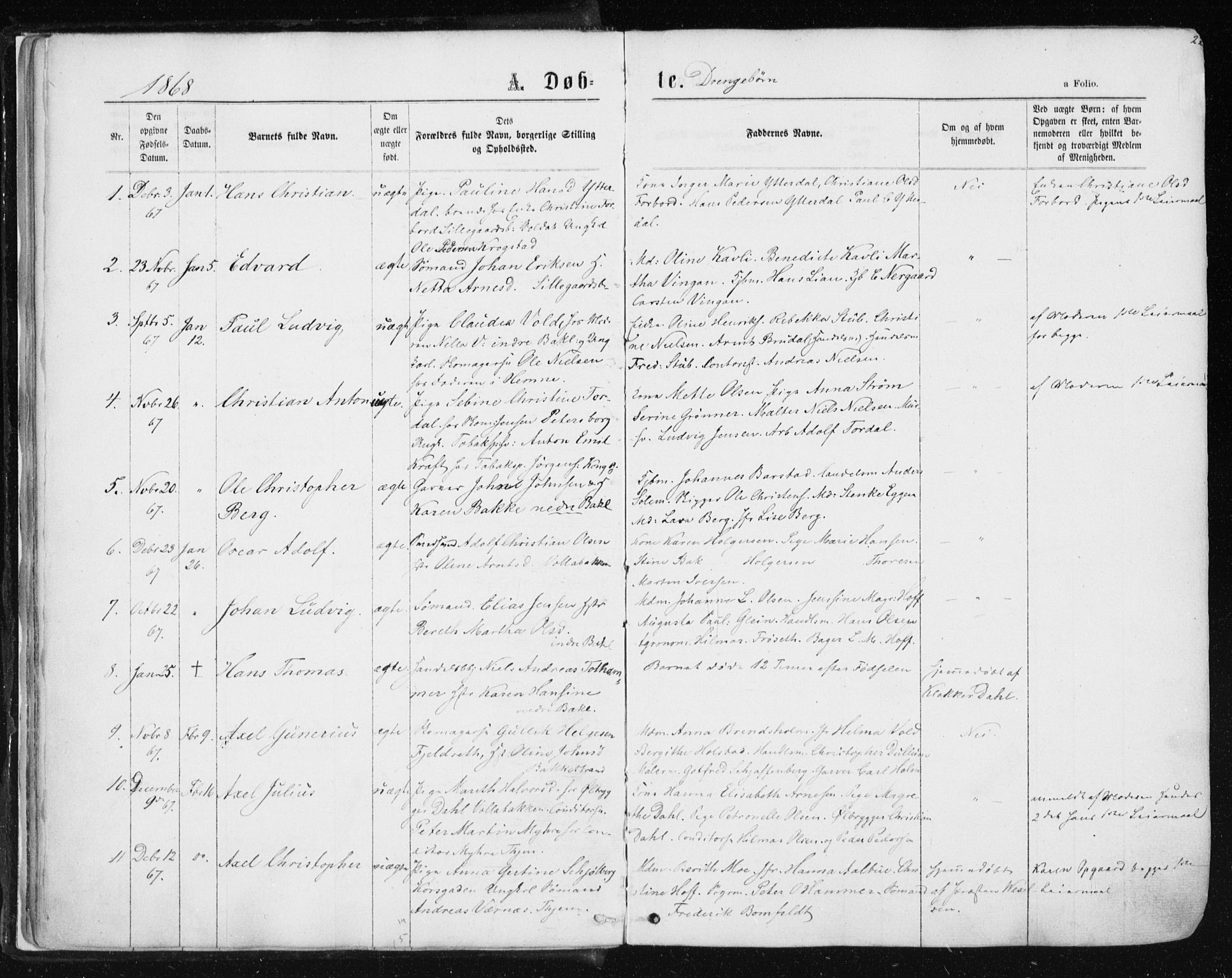 Ministerialprotokoller, klokkerbøker og fødselsregistre - Sør-Trøndelag, SAT/A-1456/604/L0186: Parish register (official) no. 604A07, 1866-1877, p. 22