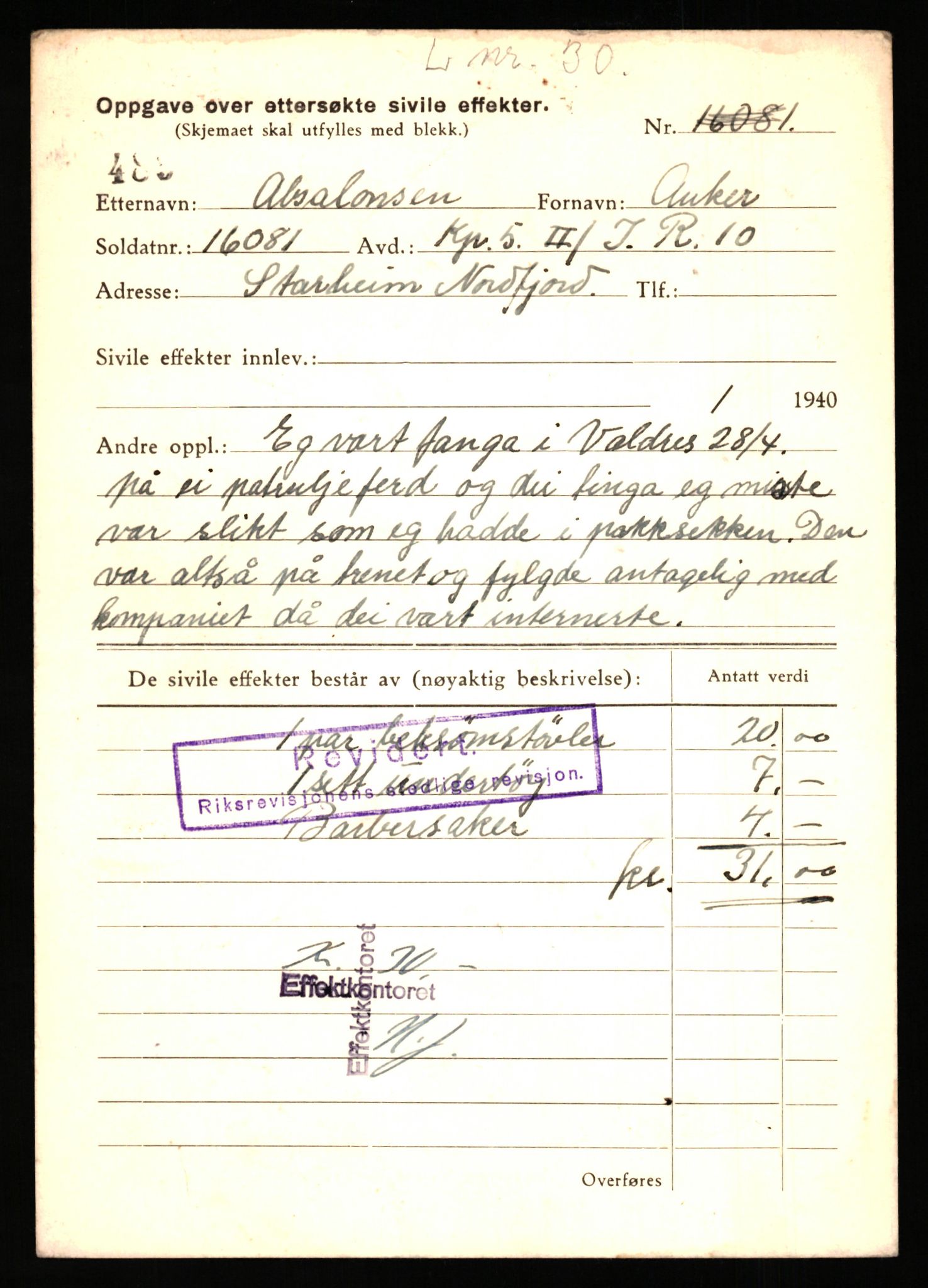 Justisdepartementet, Oppgjørsavdelingen, AV/RA-S-1056/G/Gb/L0001: Oppgaver over ettersøkte sivile effekter: Abel - Andersen, Anders J., 1940-1942, p. 140