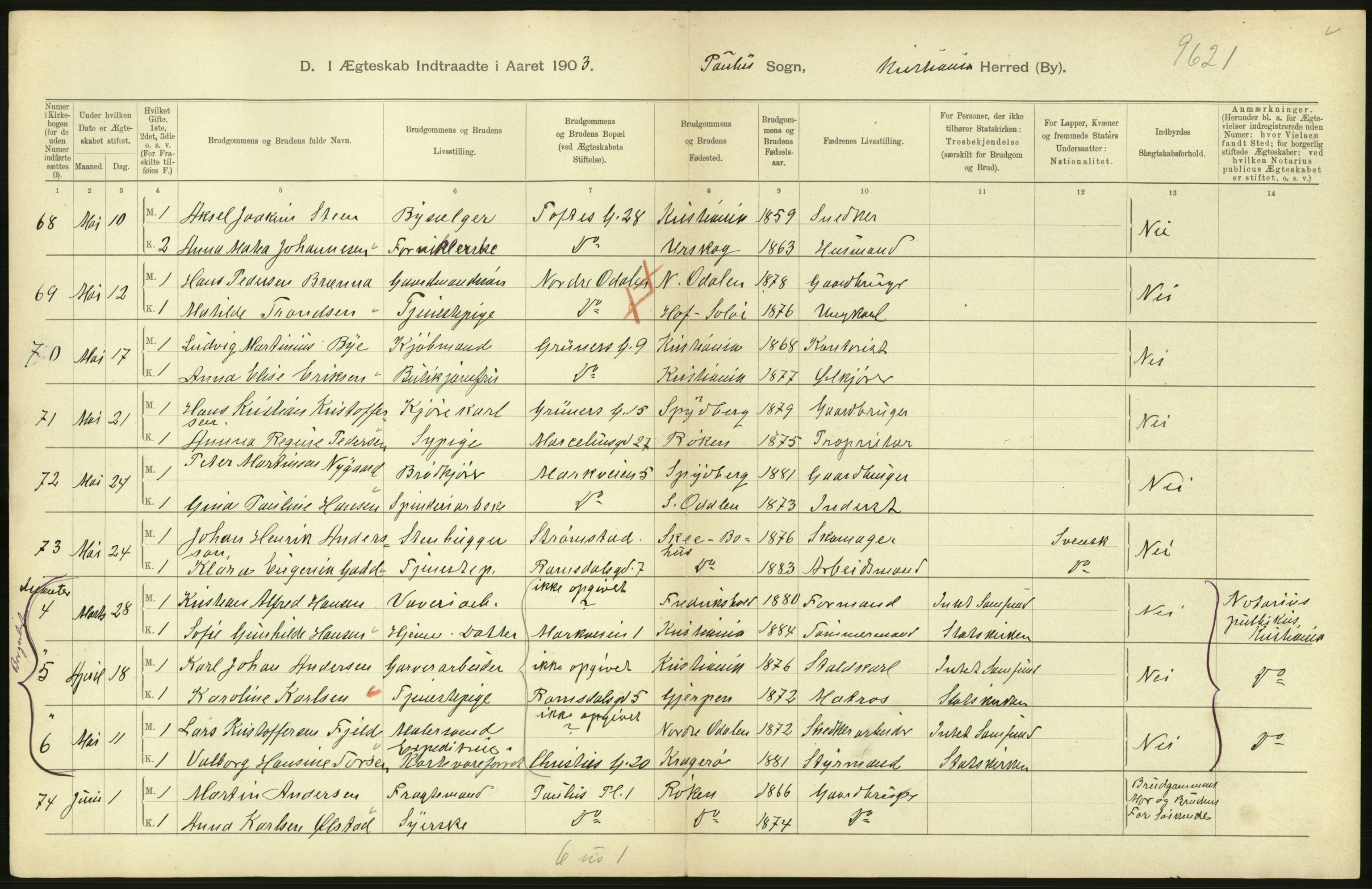 Statistisk sentralbyrå, Sosiodemografiske emner, Befolkning, AV/RA-S-2228/D/Df/Dfa/Dfaa/L0004: Kristiania: Gifte, døde, 1903, p. 488