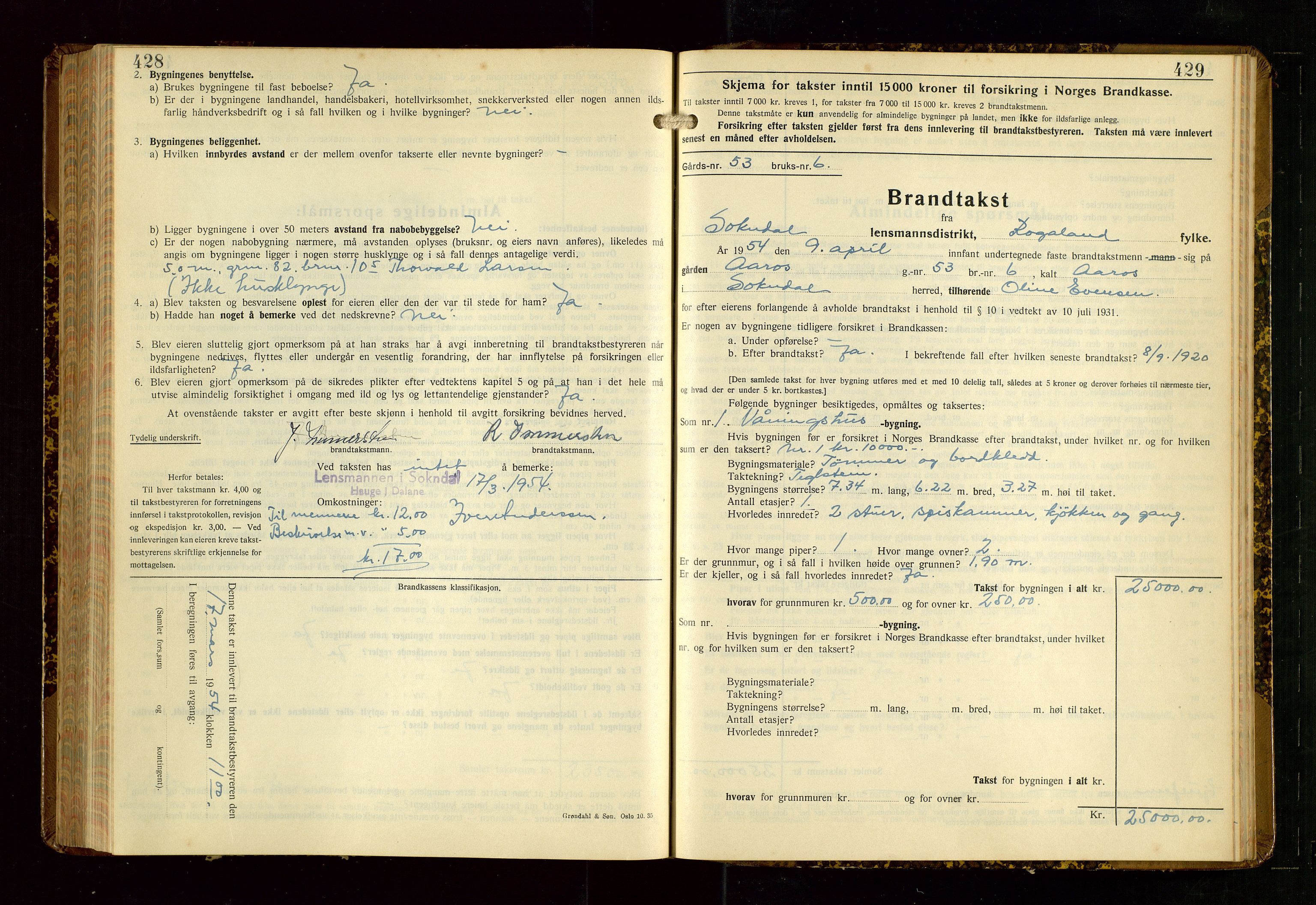 Sokndal lensmannskontor, AV/SAST-A-100417/Gob/L0008: "Brandtakst-Protokoll", 1937-1955, p. 428-429