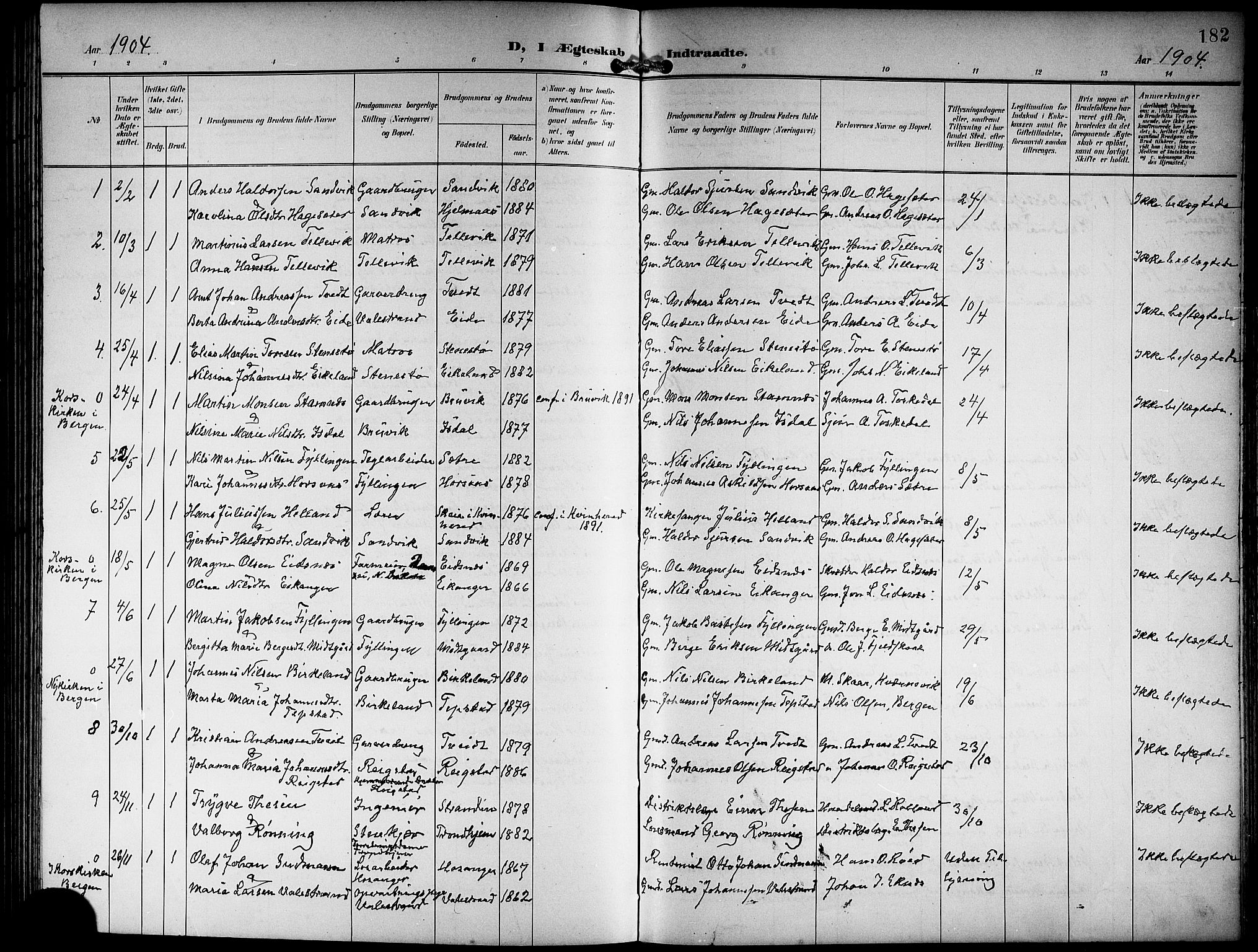 Hamre sokneprestembete, SAB/A-75501/H/Ha/Hab: Parish register (copy) no. B 4, 1898-1919, p. 182