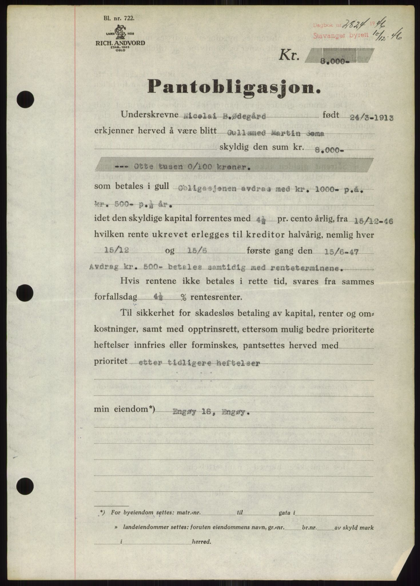 Stavanger byrett, SAST/A-100455/002/G/Gb/L0031: Mortgage book, 1943-1947, Diary no: : 2824/1946