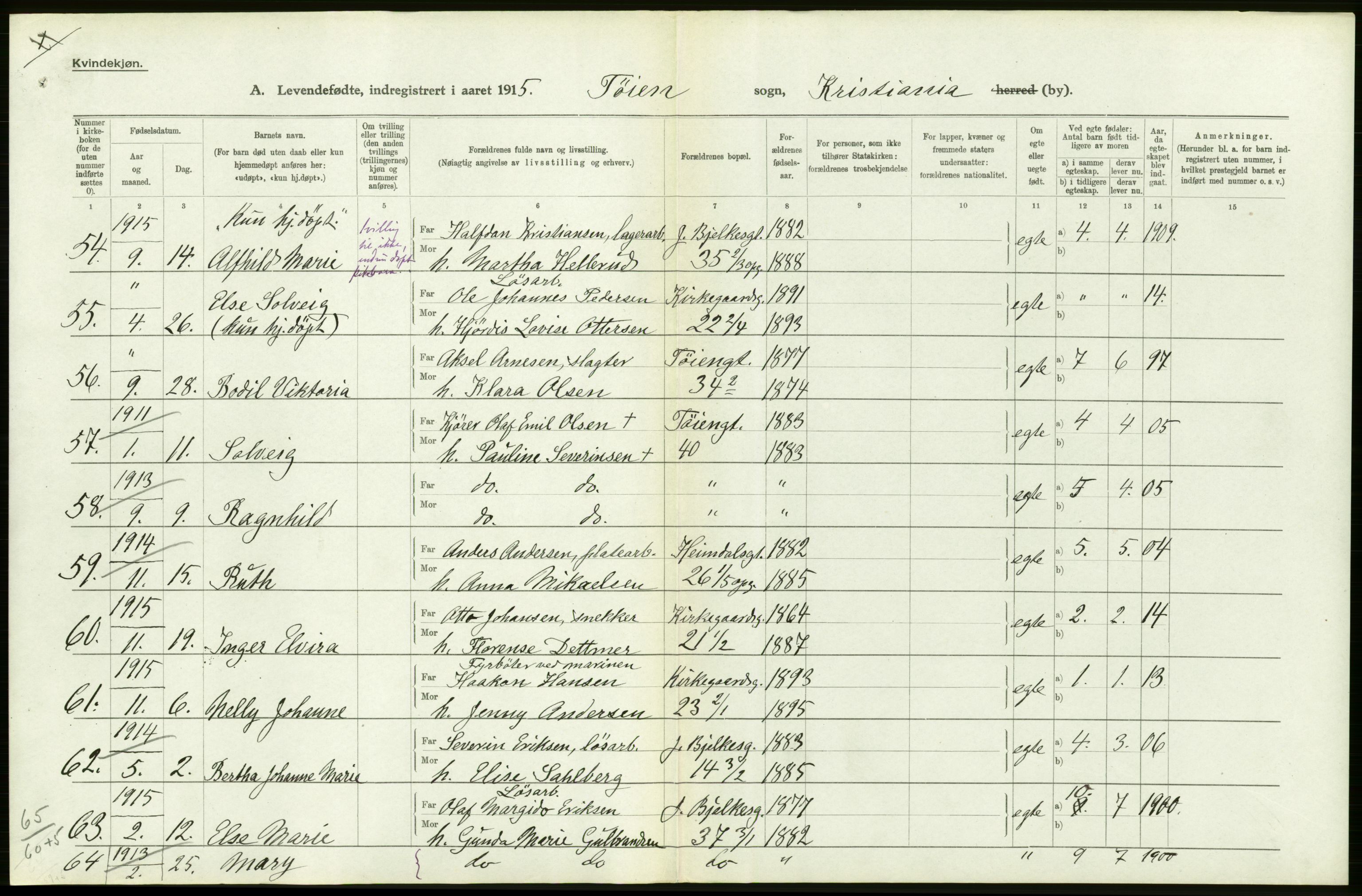 Statistisk sentralbyrå, Sosiodemografiske emner, Befolkning, AV/RA-S-2228/D/Df/Dfb/Dfbe/L0006: Kristiania: Levendefødte menn og kvinner., 1915, p. 148