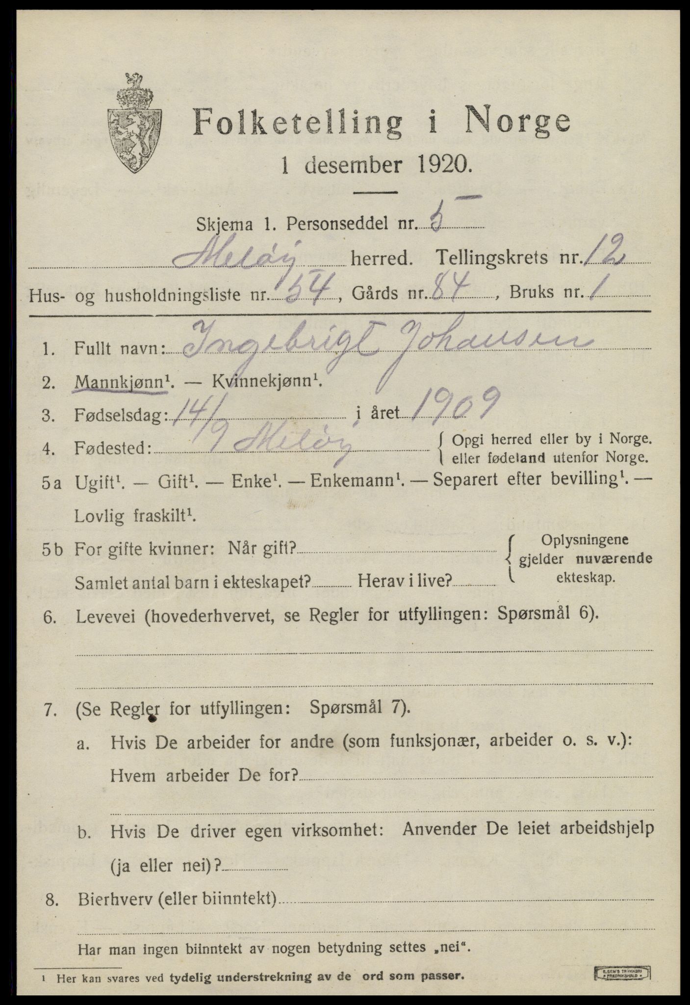 SAT, 1920 census for Meløy, 1920, p. 8315