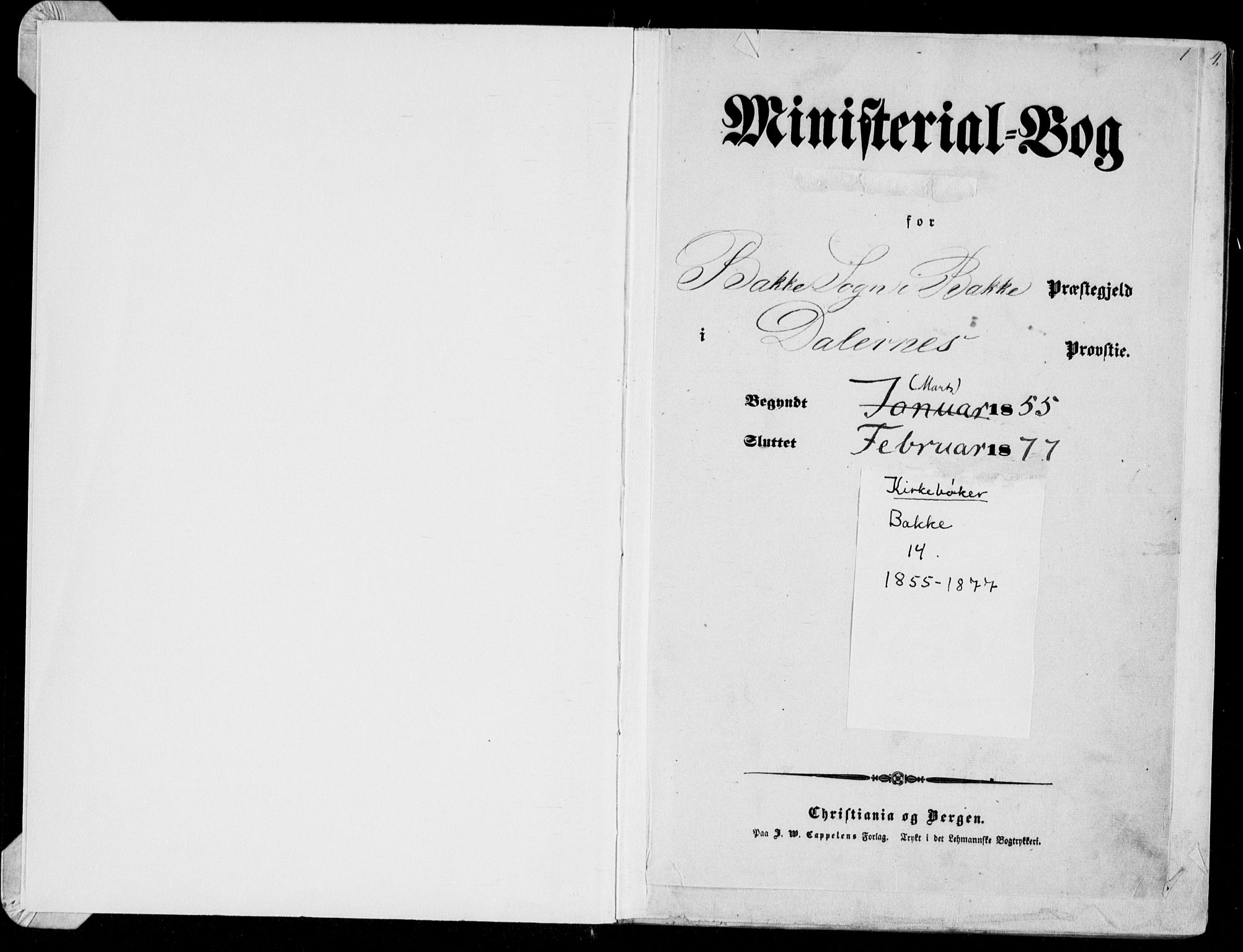 Bakke sokneprestkontor, SAK/1111-0002/F/Fa/Faa/L0006: Parish register (official) no. A 6, 1855-1877, p. 1