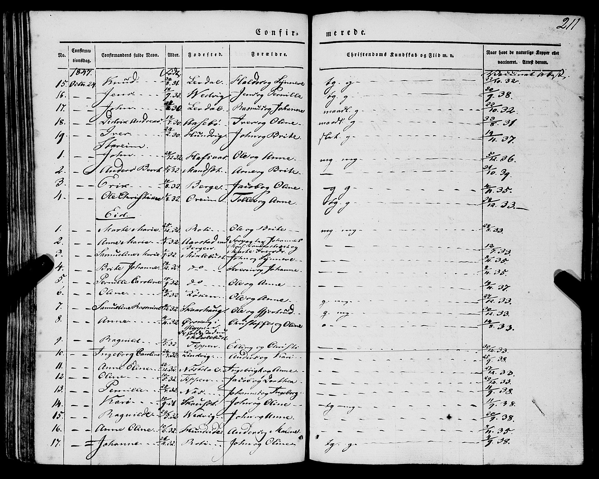 Eid sokneprestembete, AV/SAB-A-82301/H/Haa/Haaa/L0007: Parish register (official) no. A 7, 1844-1858, p. 211