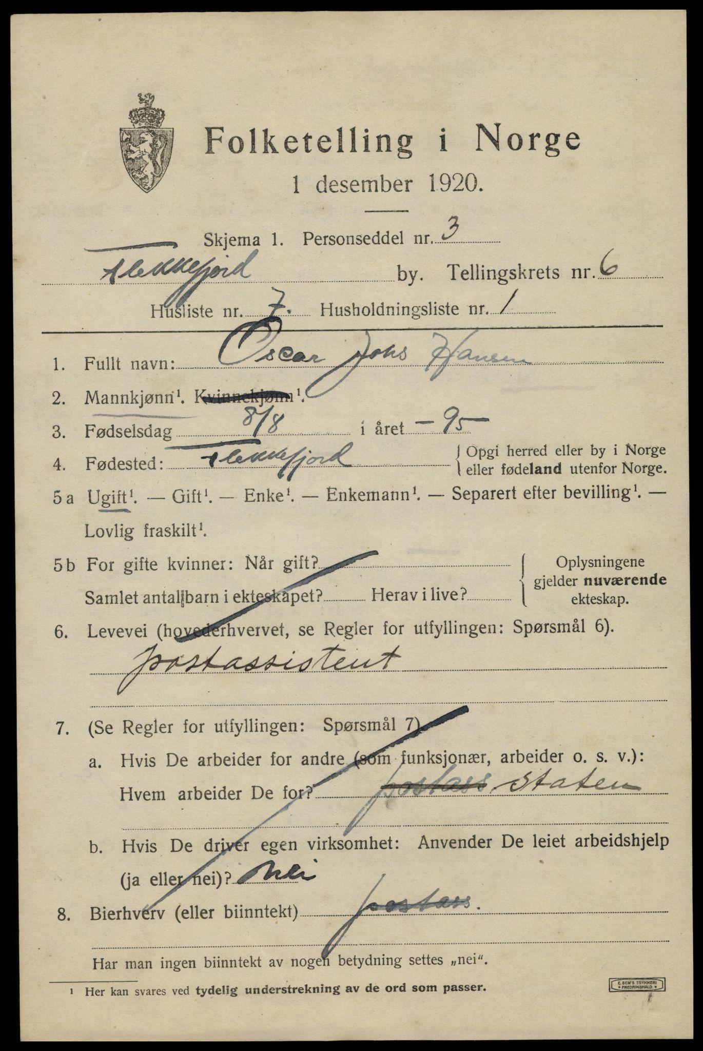 SAK, 1920 census for Flekkefjord, 1920, p. 5826