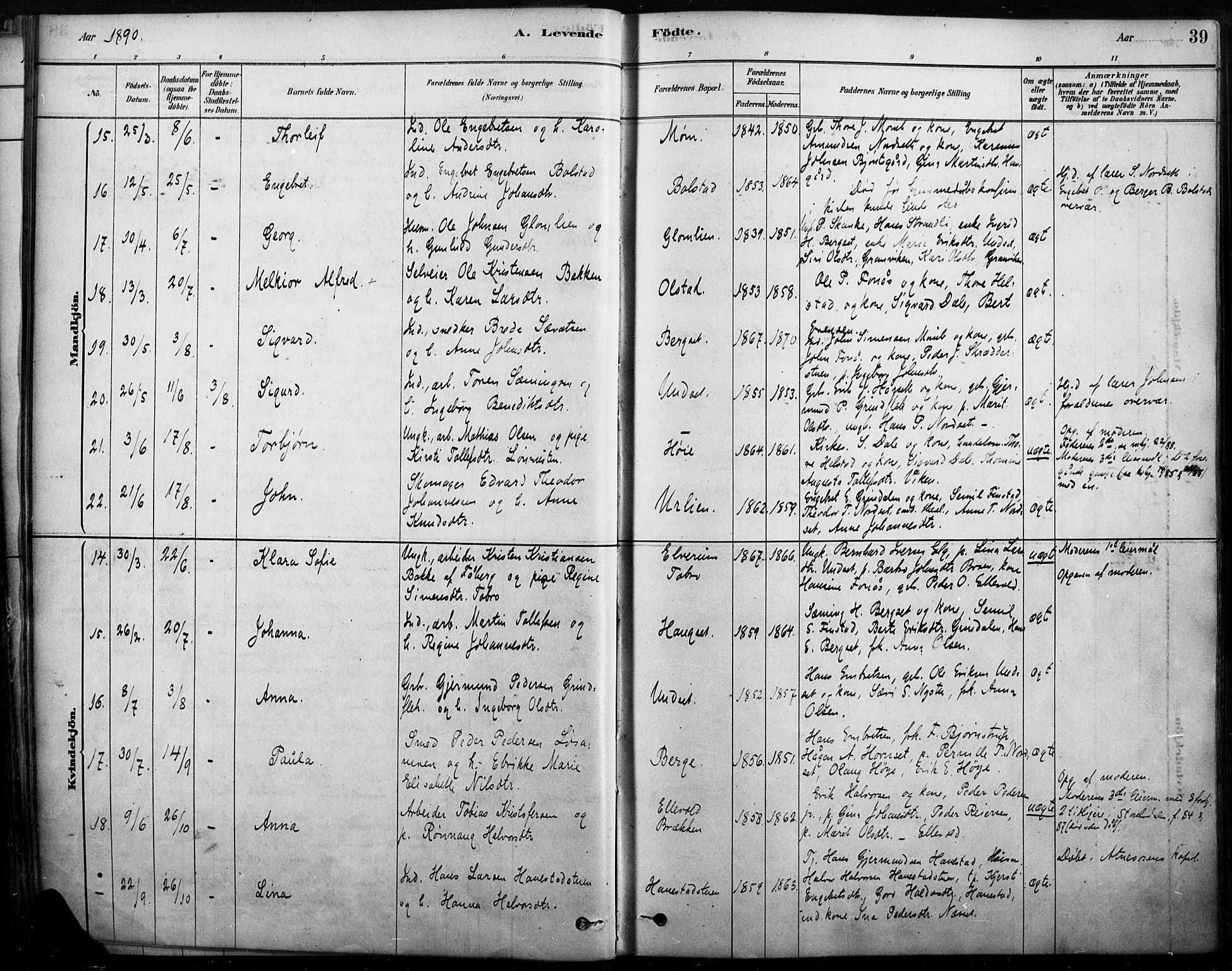 Rendalen prestekontor, AV/SAH-PREST-054/H/Ha/Haa/L0009: Parish register (official) no. 9, 1878-1901, p. 39