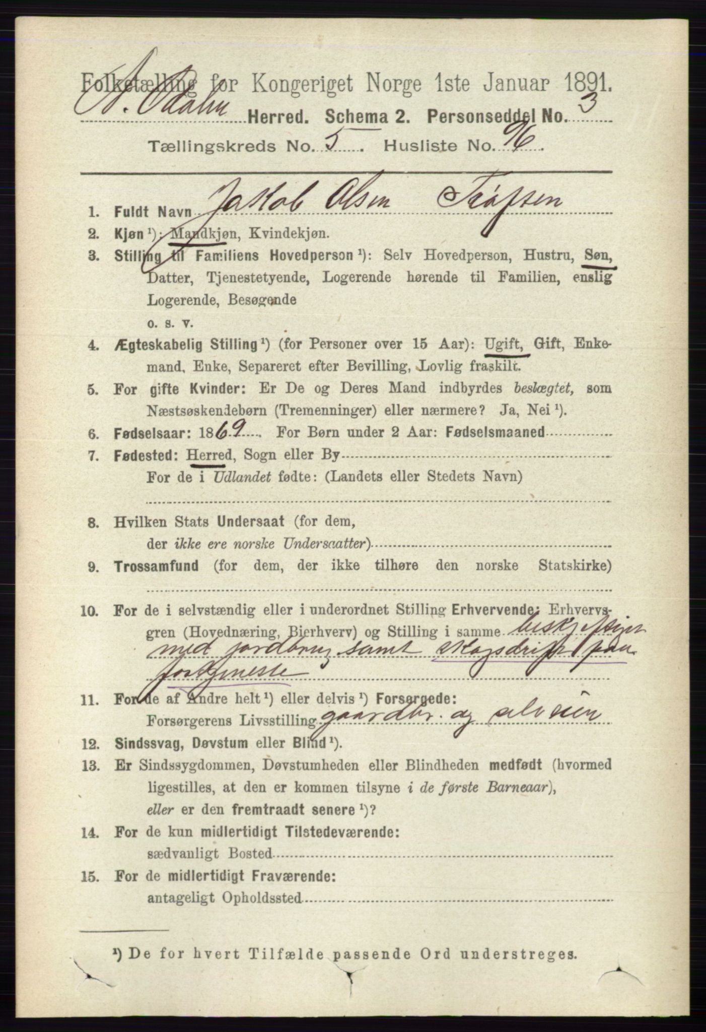 RA, 1891 census for 0418 Nord-Odal, 1891, p. 2148