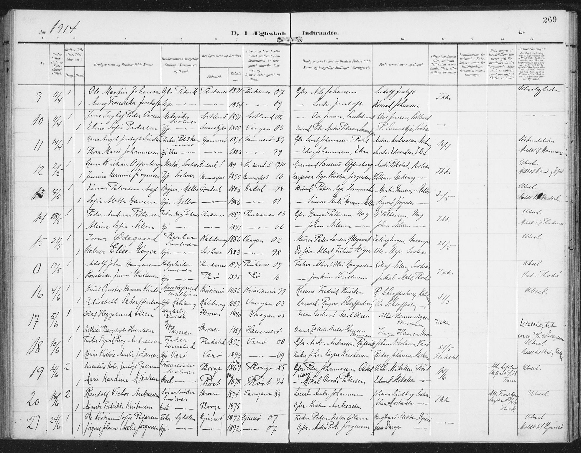 Ministerialprotokoller, klokkerbøker og fødselsregistre - Nordland, AV/SAT-A-1459/874/L1063: Parish register (official) no. 874A07, 1907-1915, p. 269