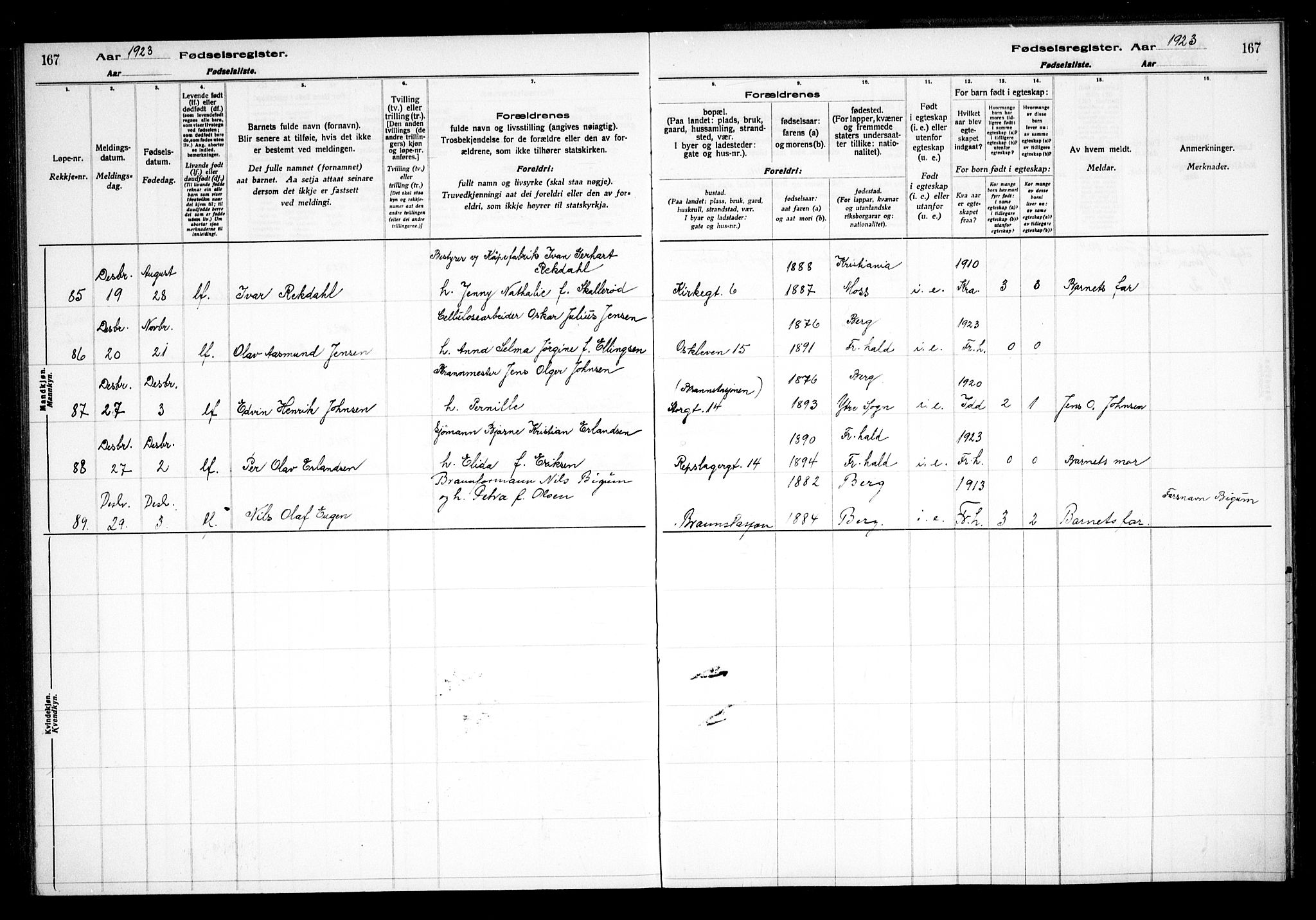 Halden prestekontor Kirkebøker, AV/SAO-A-10909/J/Ja/L0001: Birth register no. I 1, 1916-1925, p. 167