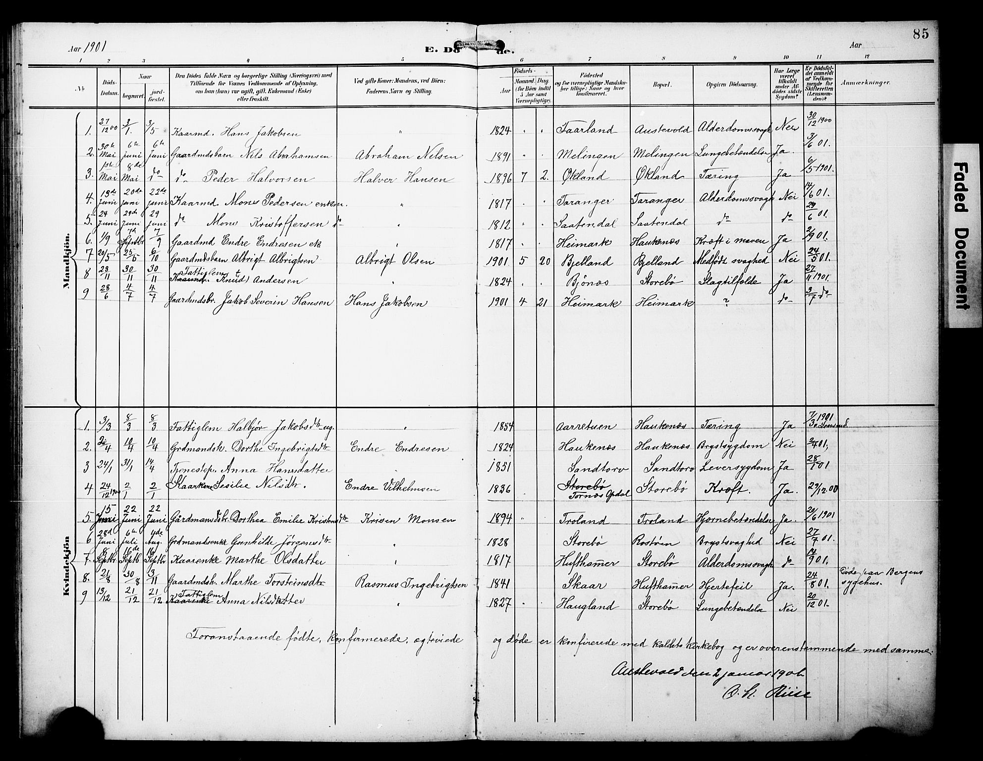 Austevoll sokneprestembete, AV/SAB-A-74201/H/Ha/Hab/Haba/L0004: Parish register (copy) no. A 4, 1901-1912, p. 85