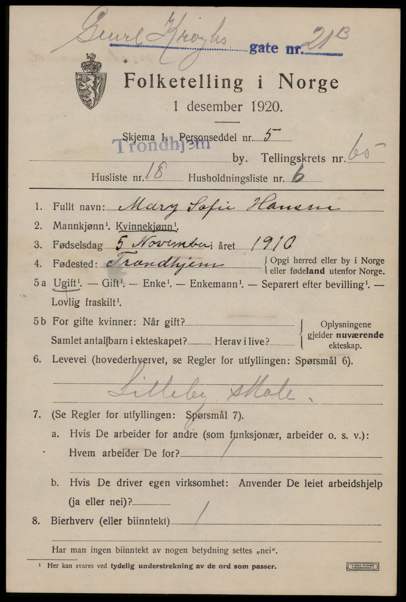 SAT, 1920 census for Trondheim, 1920, p. 129260