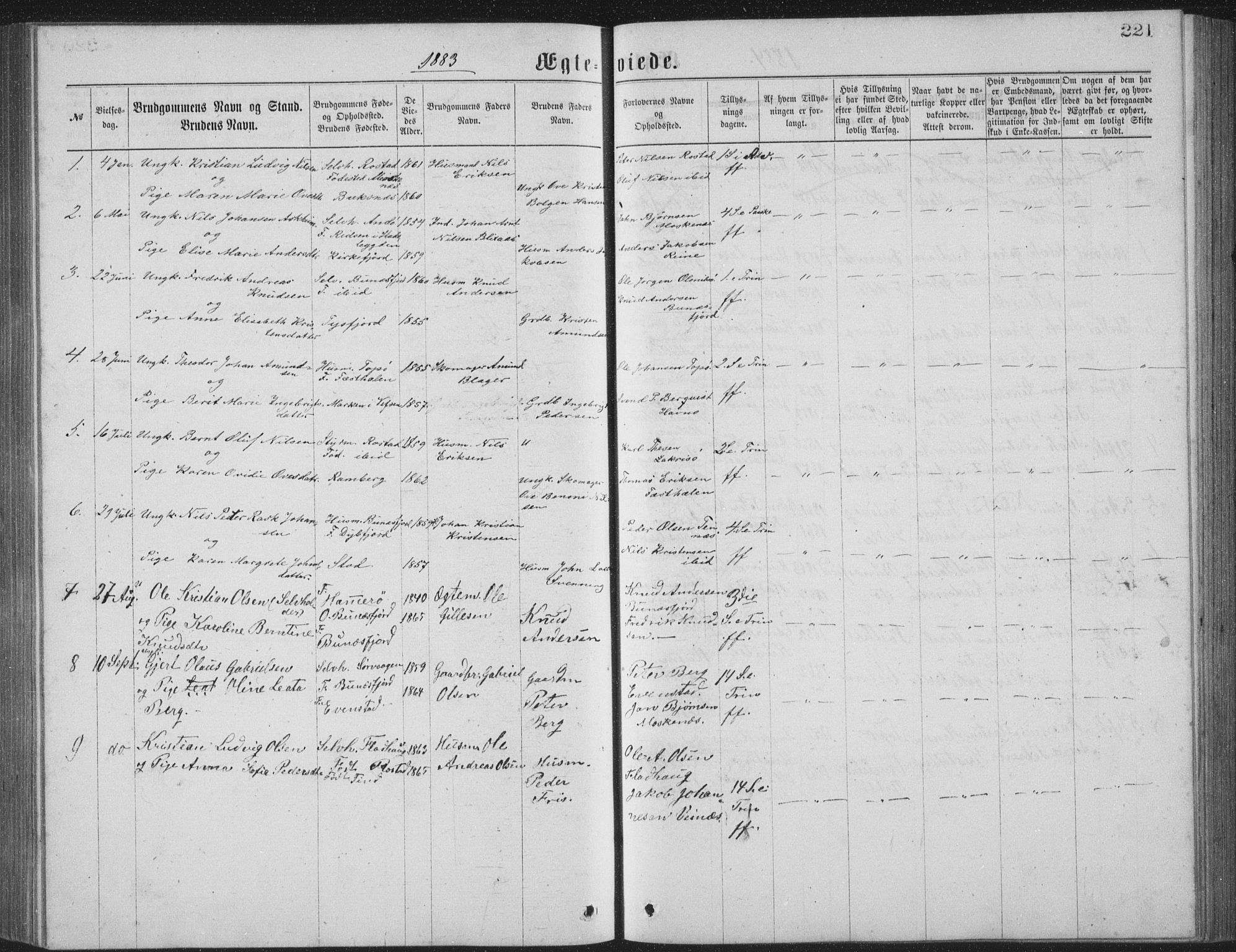 Ministerialprotokoller, klokkerbøker og fødselsregistre - Nordland, AV/SAT-A-1459/886/L1225: Parish register (copy) no. 886C02, 1874-1896, p. 221