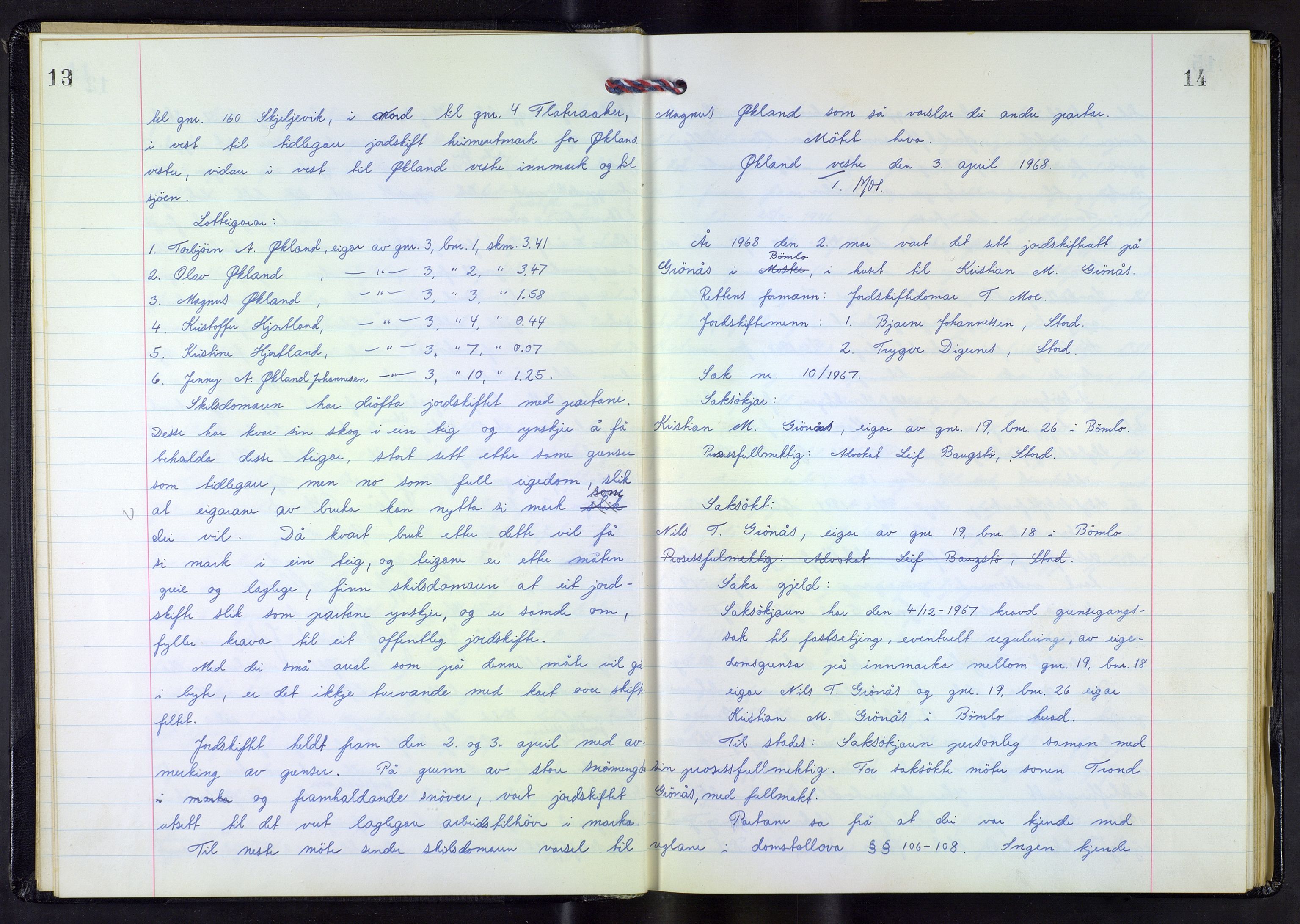 Hordaland jordskiftedøme - VI Sunnhordland jordskiftedistrikt, AV/SAB-A-7301/A/Aa/L0048: Forhandlingsprotokoll, 1968-1970, p. 13-14