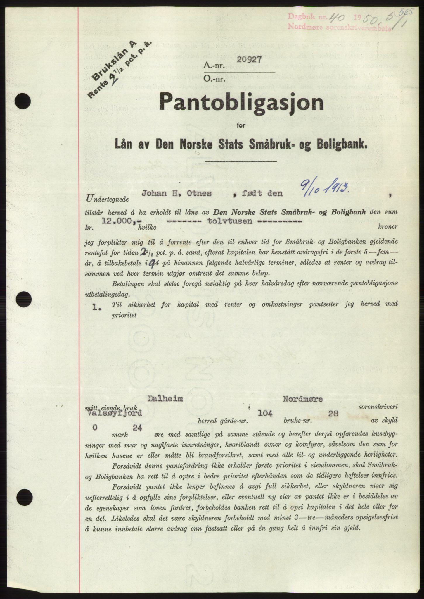 Nordmøre sorenskriveri, AV/SAT-A-4132/1/2/2Ca: Mortgage book no. B103, 1949-1950, Diary no: : 40/1950