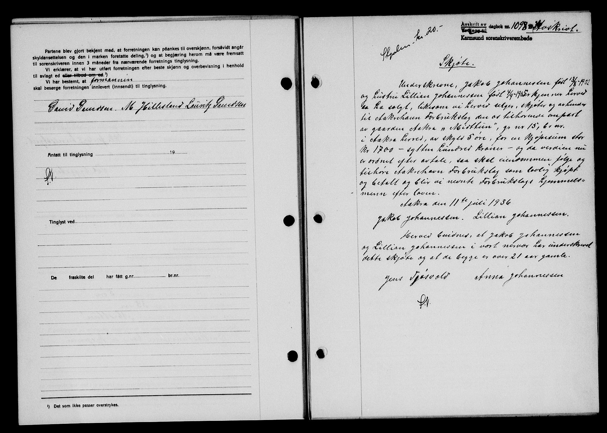 Karmsund sorenskriveri, SAST/A-100311/01/II/IIB/L0066: Mortgage book no. 47A, 1936-1936, Diary no: : 1098/1936