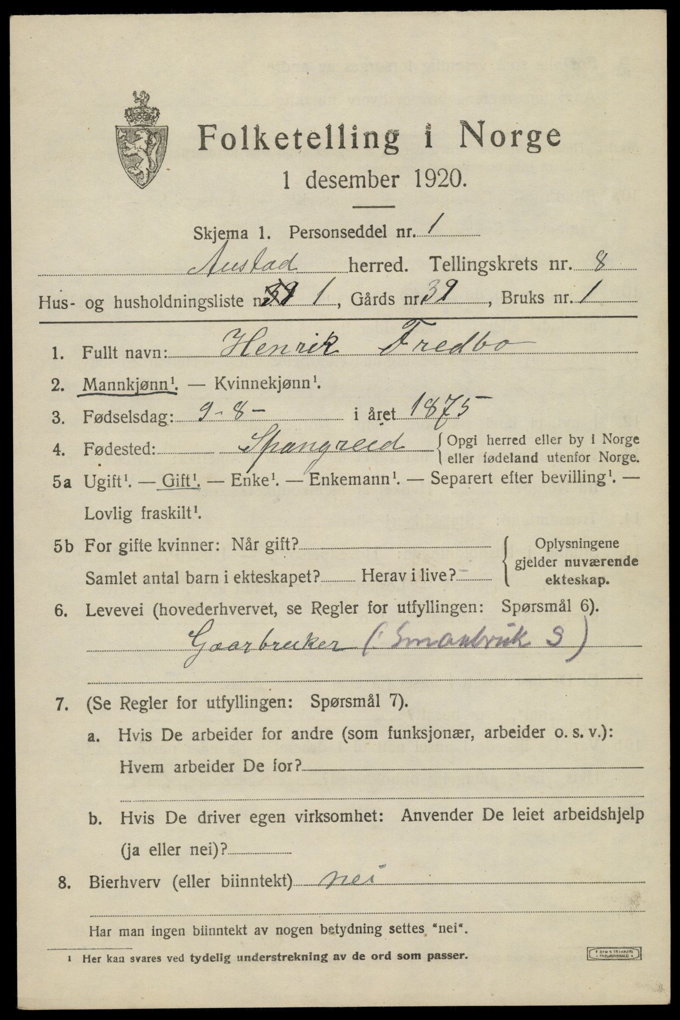 SAK, 1920 census for Austad, 1920, p. 2605