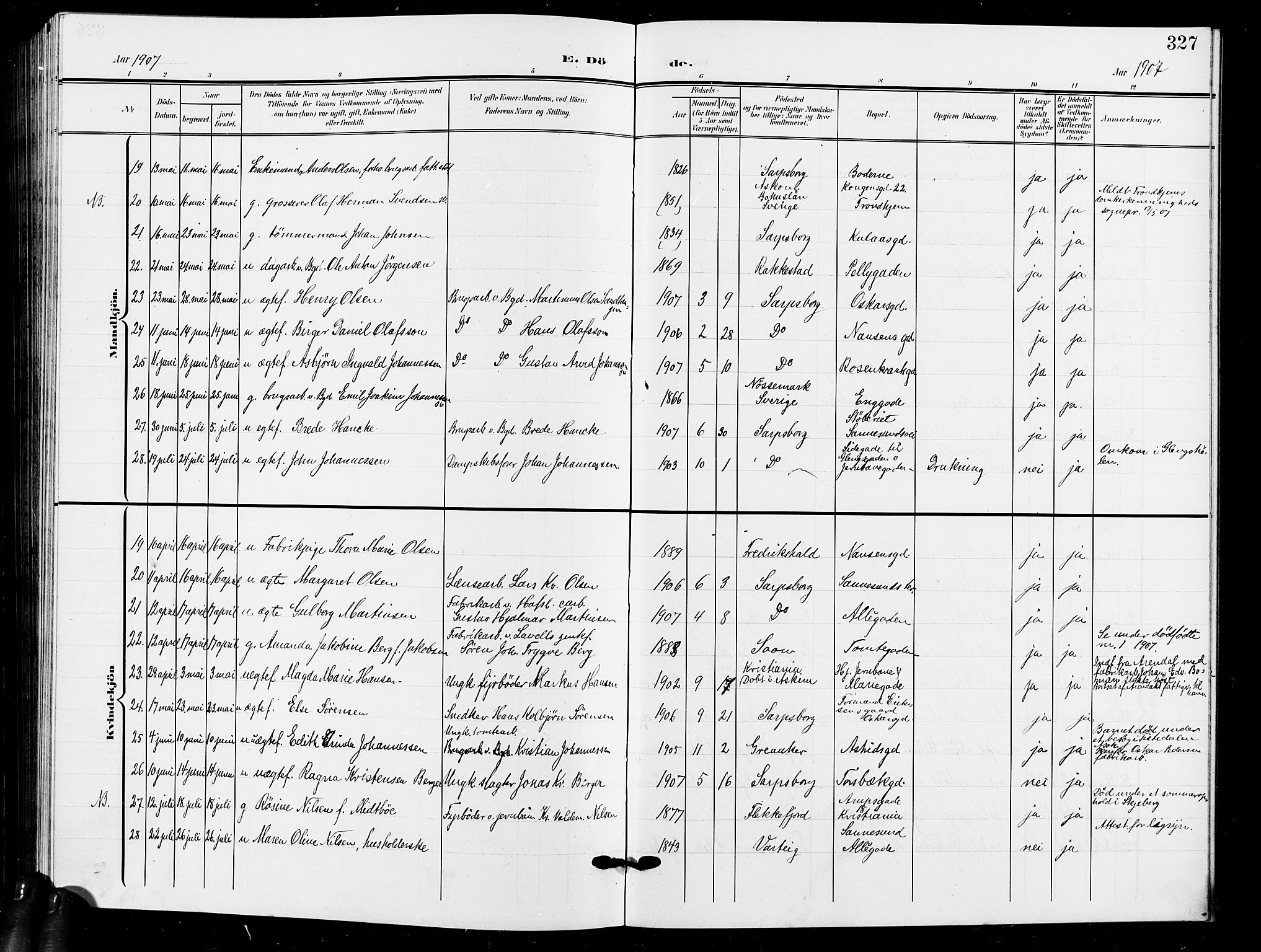 Sarpsborg prestekontor Kirkebøker, AV/SAO-A-2006/G/Ga/L0001: Parish register (copy) no. 1, 1902-1911, p. 327